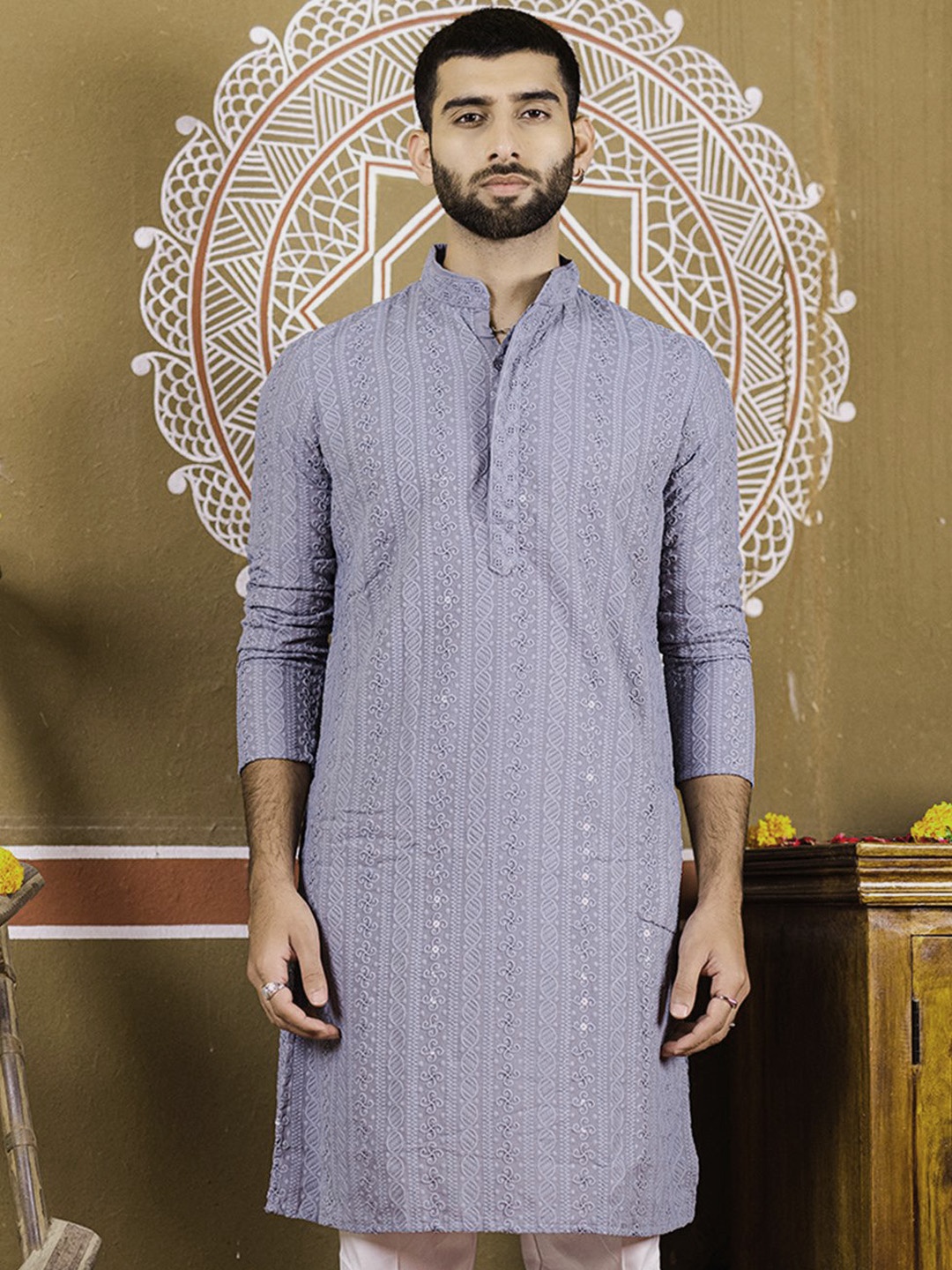 

Tistabene Floral Embroidered Chikankari & Sequinned Cotton Straight Kurta, Grey