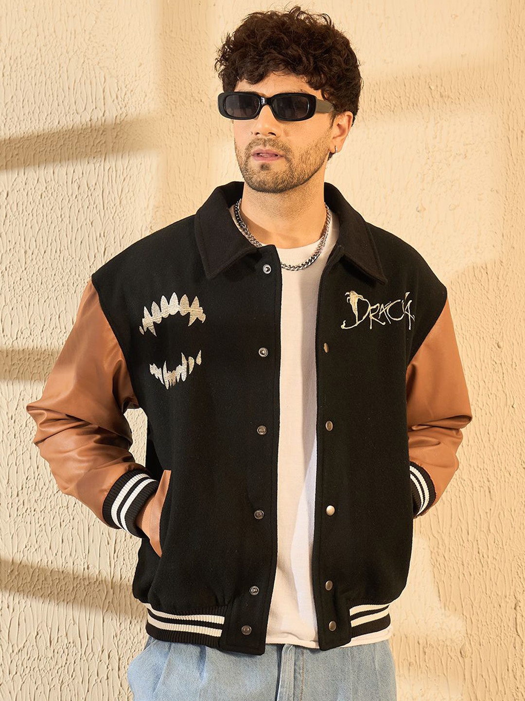 

FUGAZEE Men Woollen Varsity Jacket with Embroidered, Black