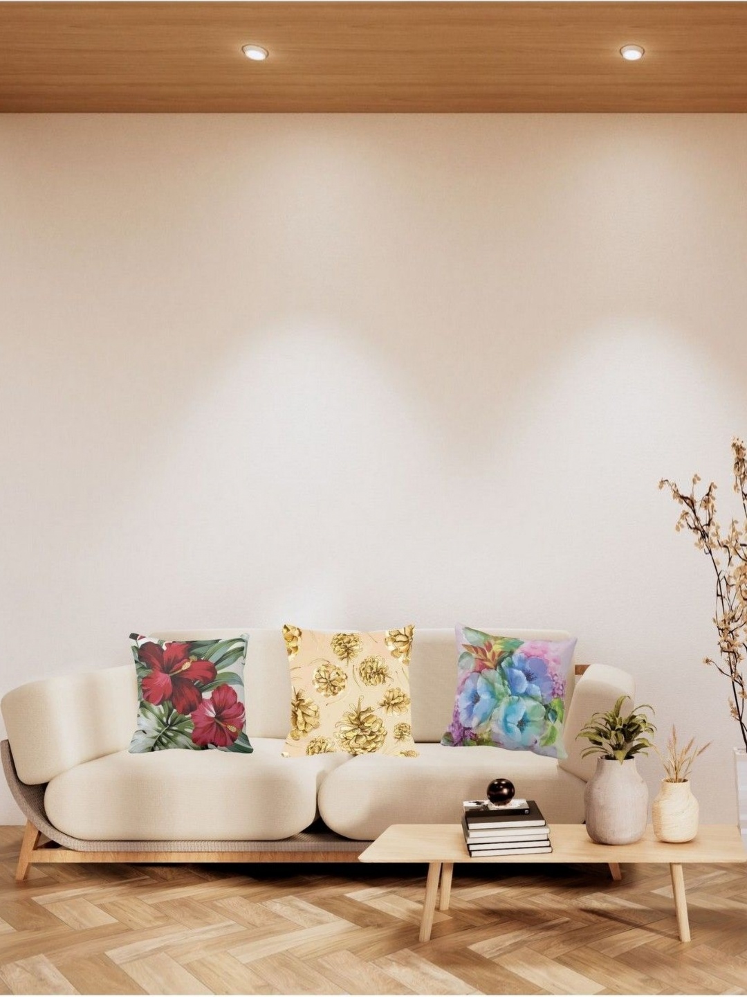 

THEYAYACAFE Beige & Red 3 Pieces Floral Printed Velvet Square Cushion Covers
