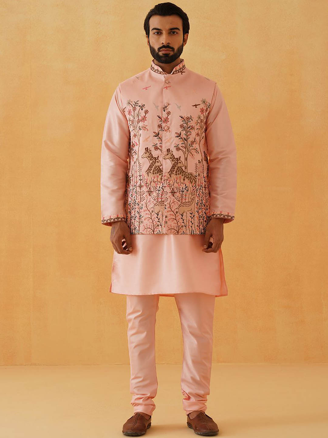 

SOJANYA LUXE Thread Work Silk Cotton Straight Kurta with Churidar & Nehru Jacket, Pink