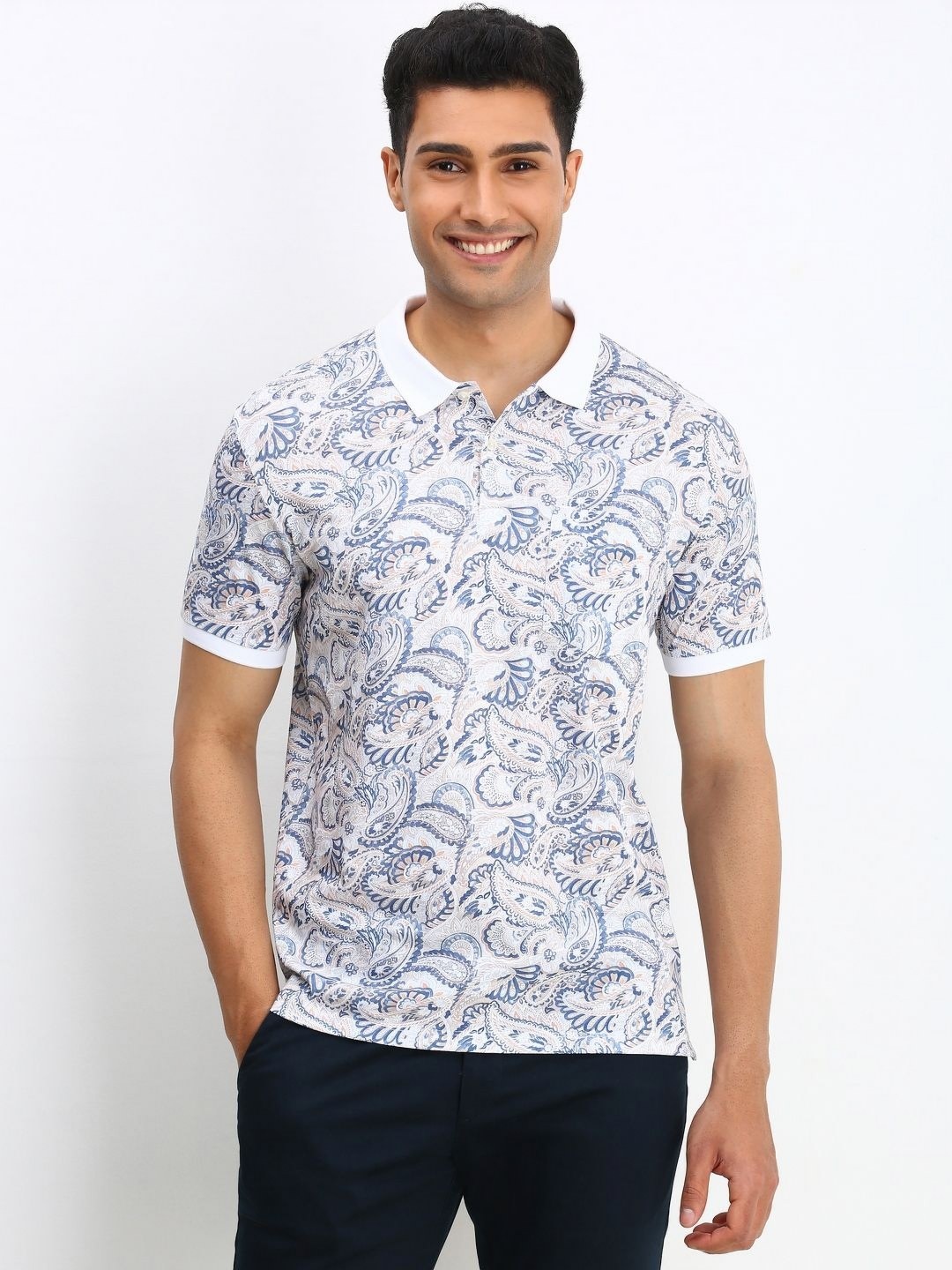 

Allen Solly Men Floral Printed Polo Collar Tropical Pockets T-shirt, White