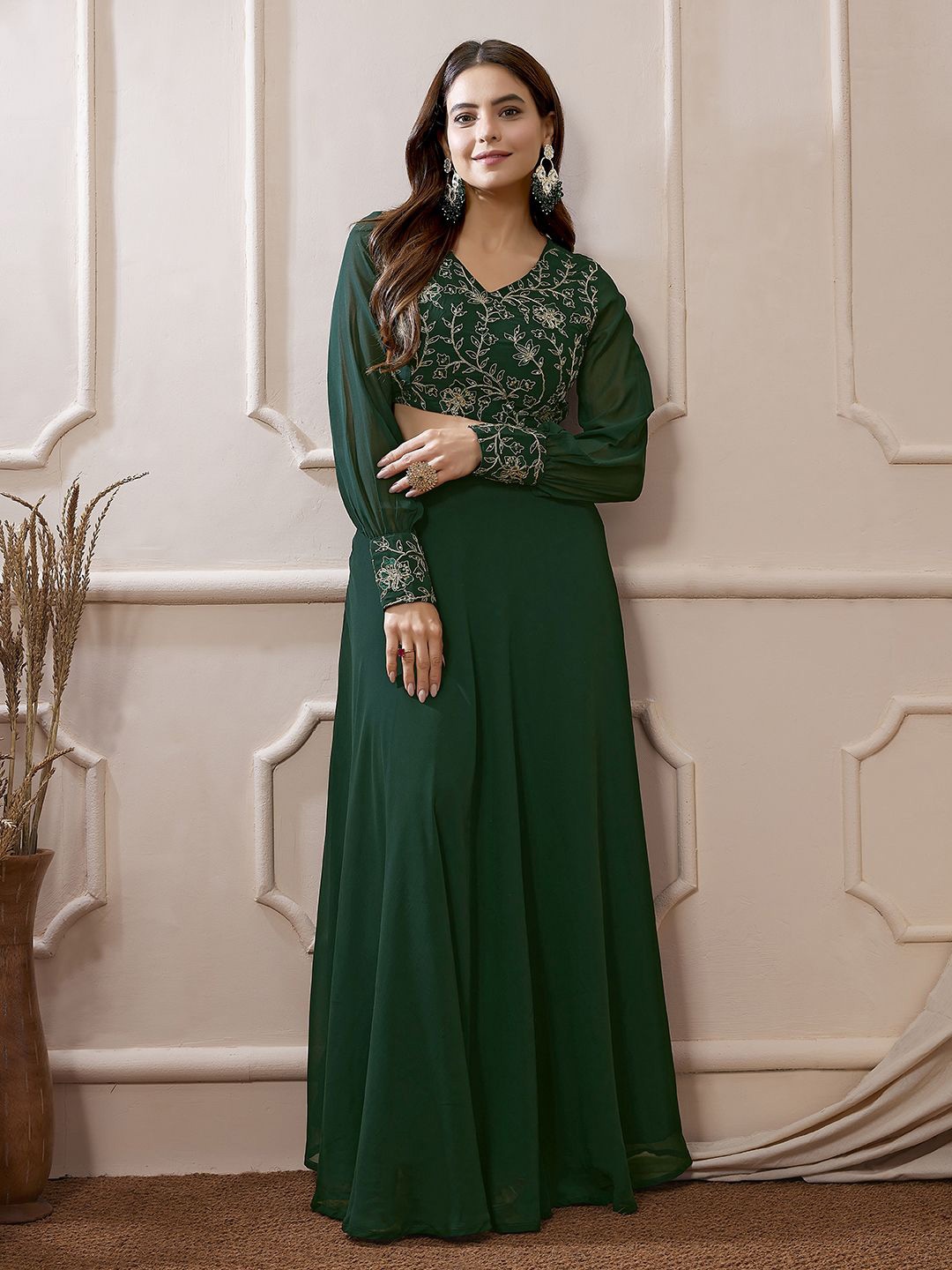 

Janasya Green Georgette Embroidered Top With Skirt Set