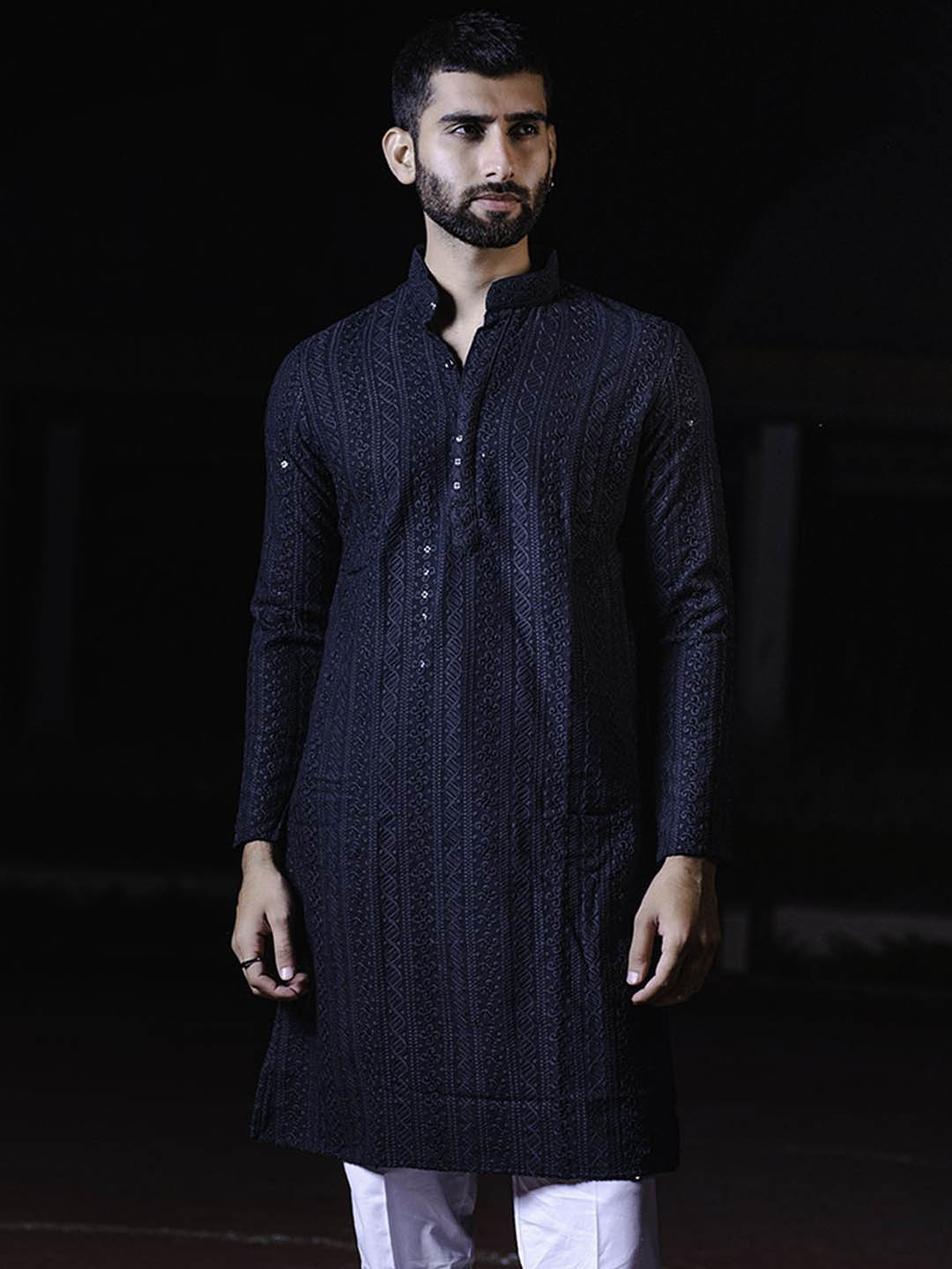 

Tistabene Floral Embroidered Chikankari & Sequinned Cotton Straight Kurta, Navy blue