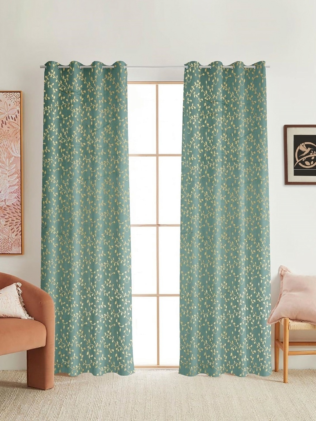 

AaHo Decor Blue & Beige 2 Pieces Floral Room Darkening Window Curtain