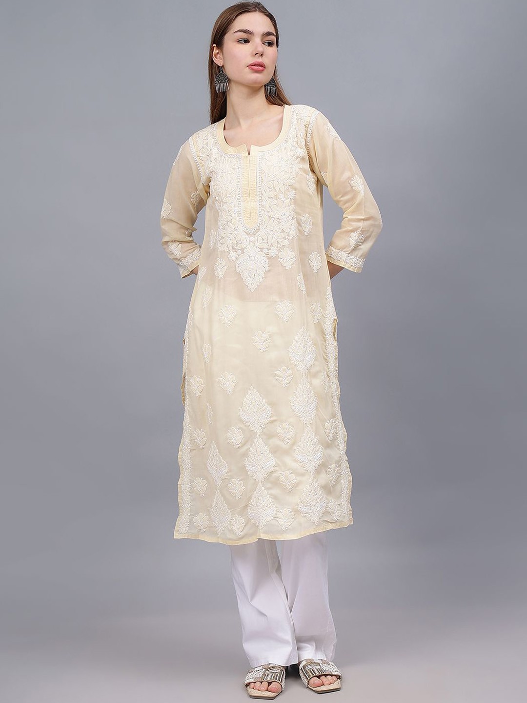 

Seva Chikan Floral Embroidered Notch Neck Lucknowi Chikankari Cotton Straight Kurta, Beige