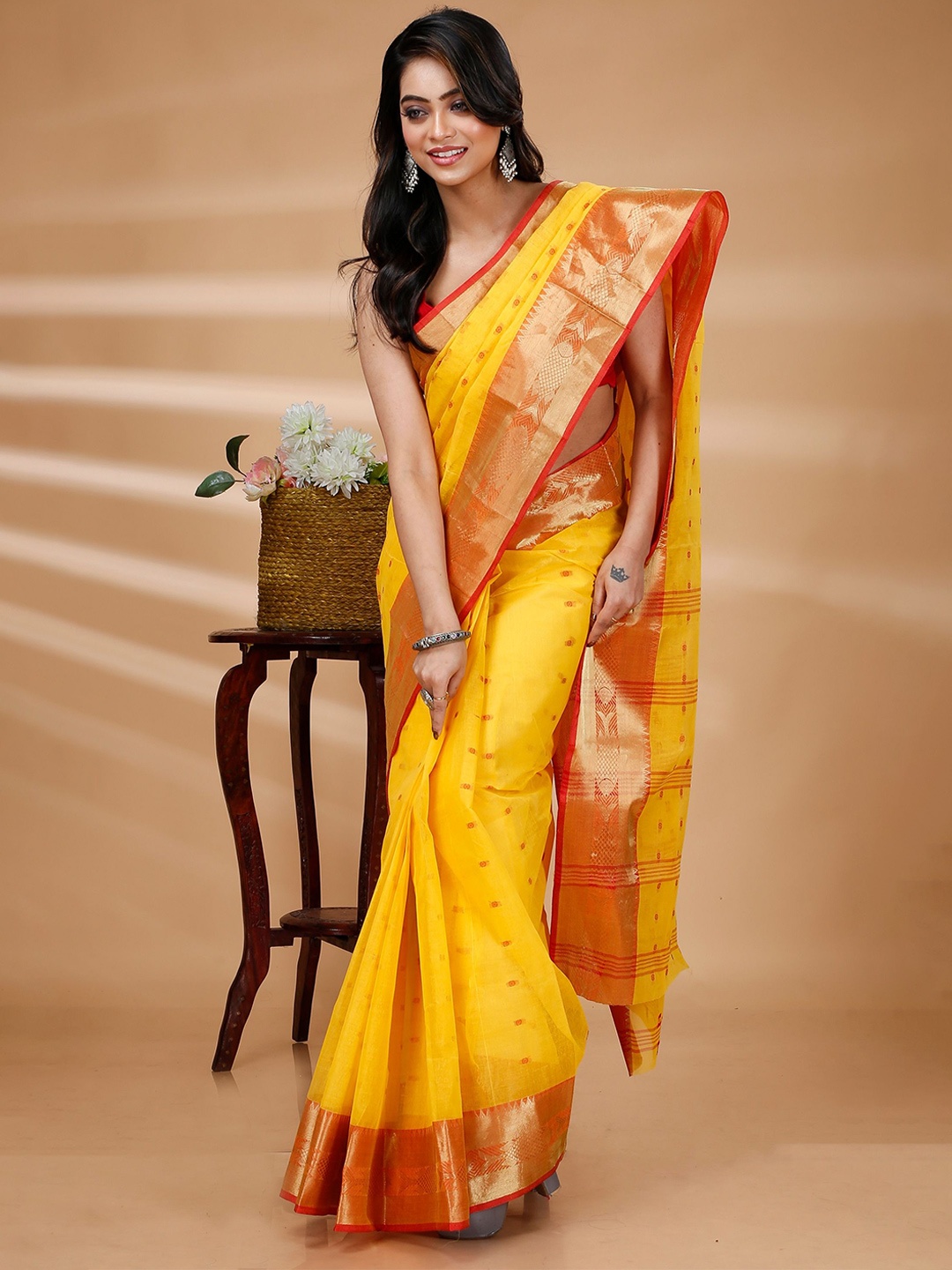 

PuJoy Ethnic Motifs Pure Cotton Taant Saree, Yellow