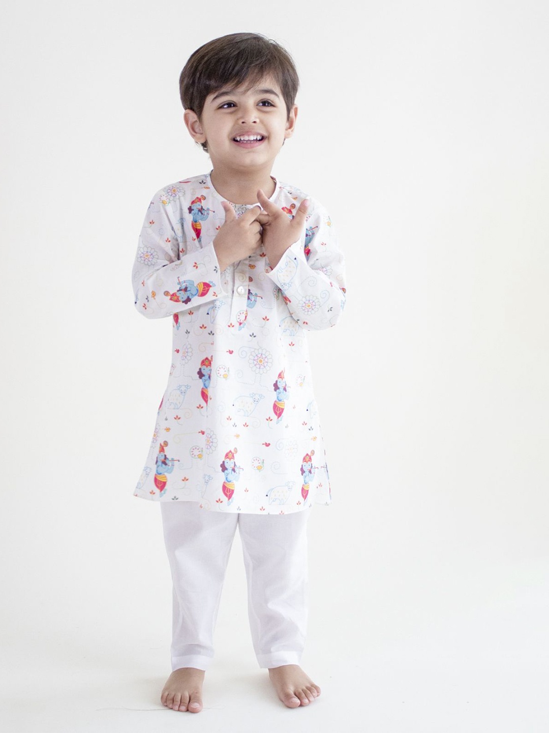 

Tiber Taber Boys Ethnic Motifs Printed Pure Cotton Straight Kurta with Pyjamas, White