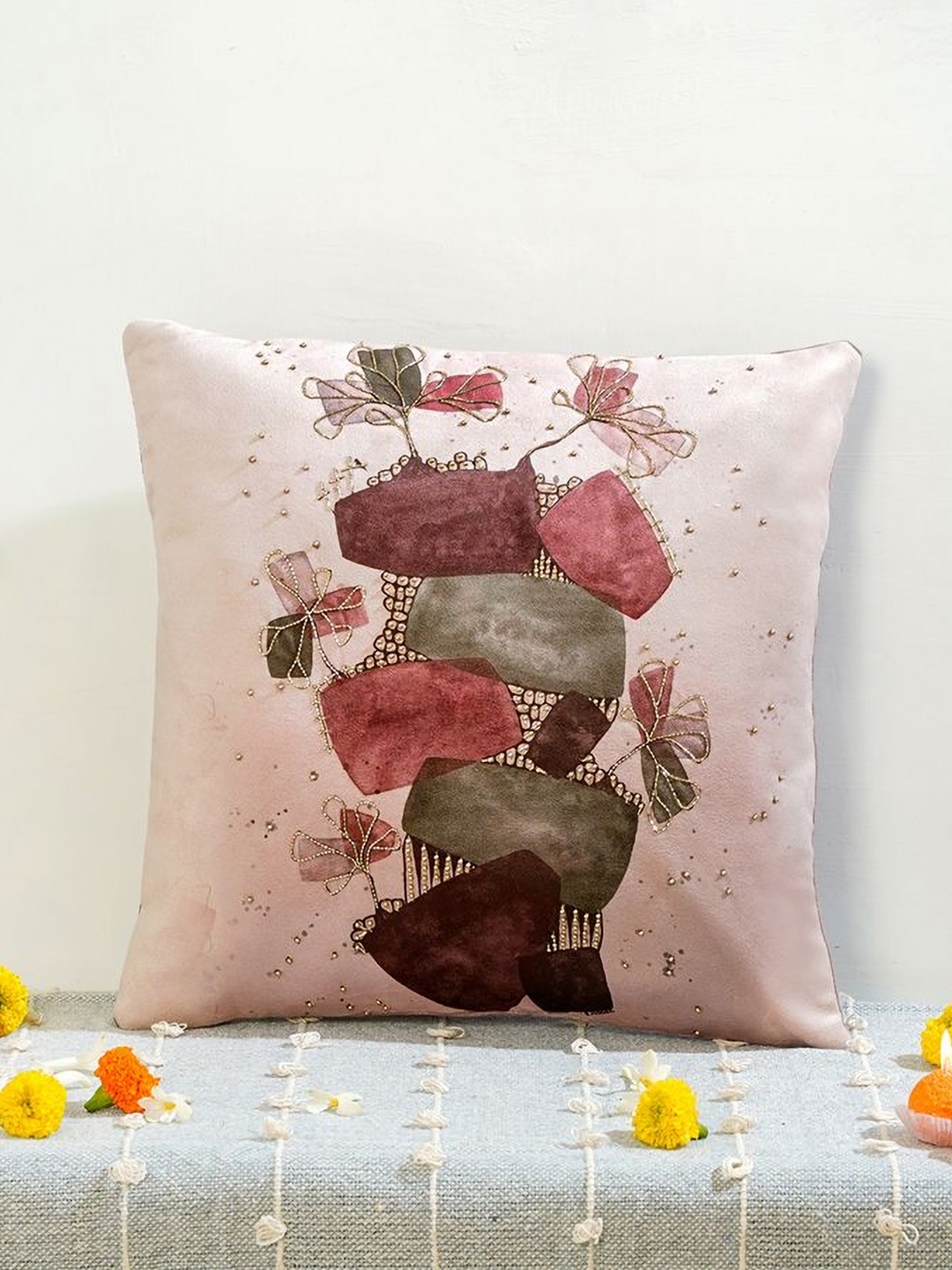 

Mid July Home Majestic Peakscape Pink Geometric Embellished Velvet Square Cushion Cover