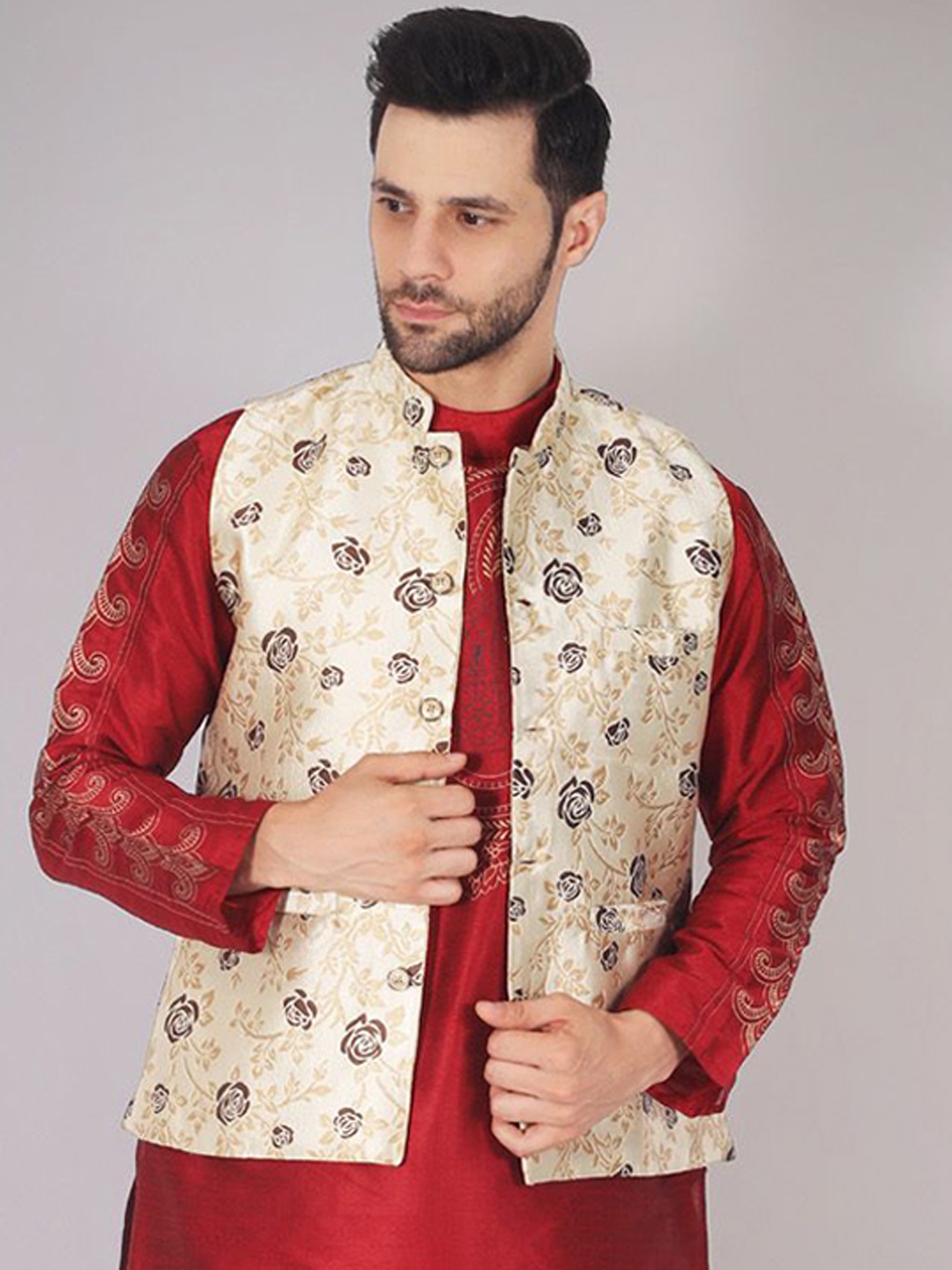 

Valencia Fashion Floral Woven Design Nehru Jacket, Cream