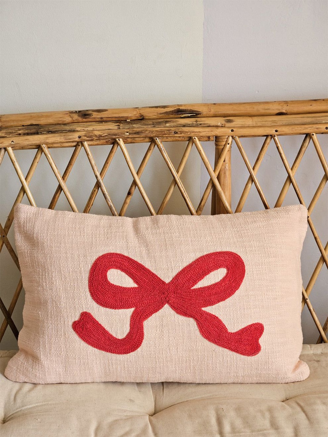 

HYPPY Off White & Red Embroidered Cotton Rectangle Cushion Cover