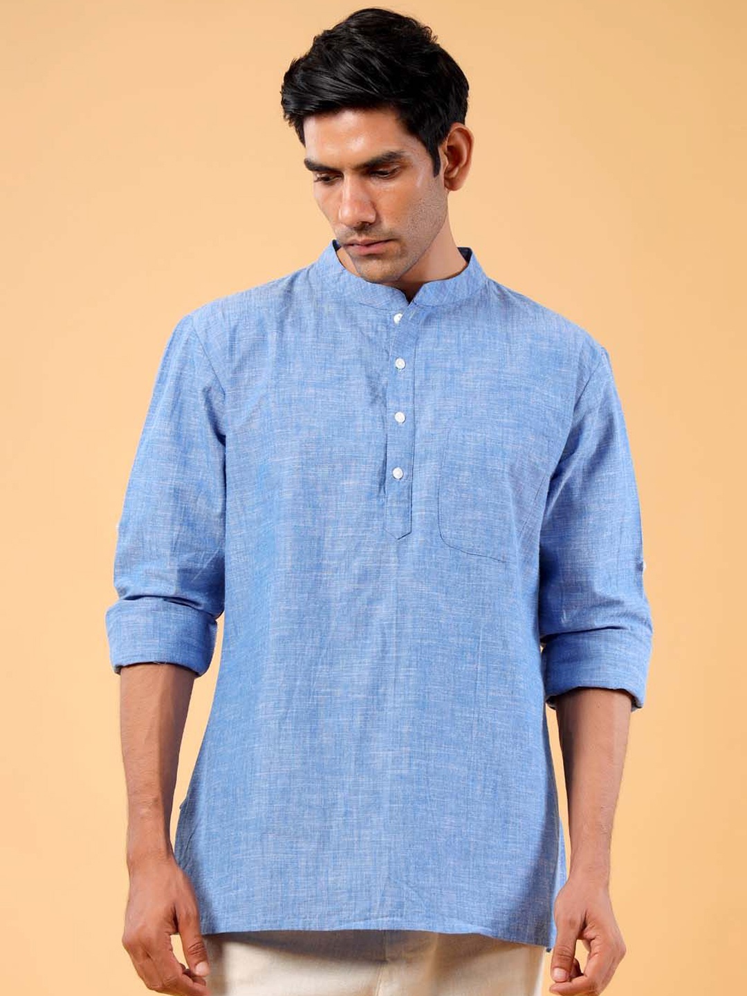 

Tistabene Mandarin Collar Roll-Up Sleeves Short Kurta, Blue