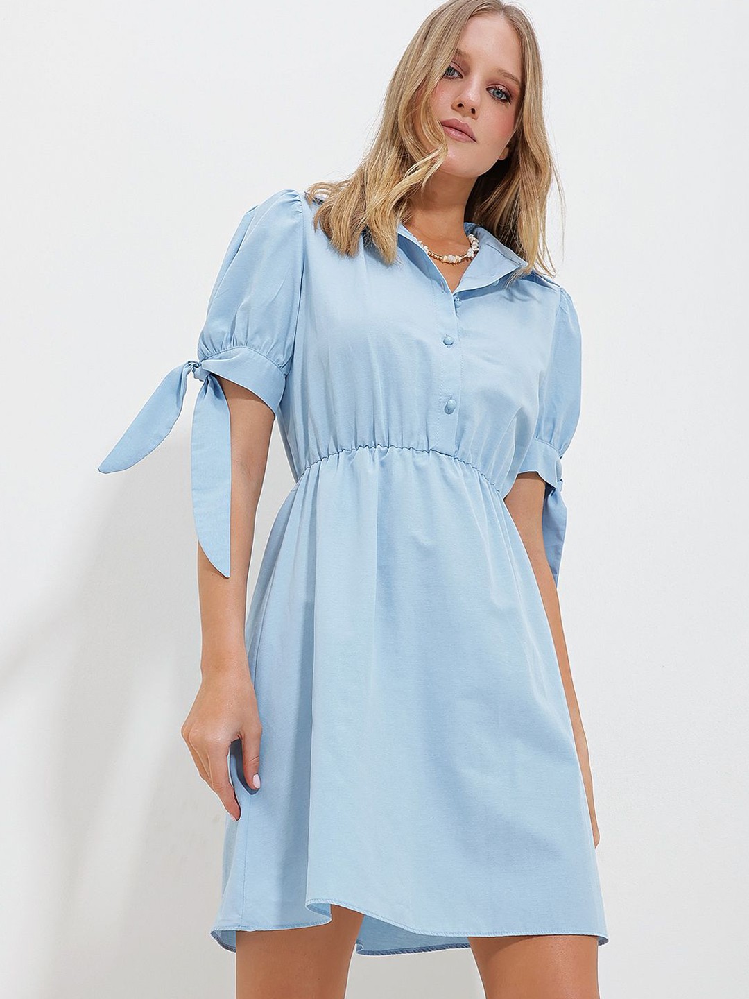 

Trend Alacati stili Puff Sleeves A-Line Dress, Blue