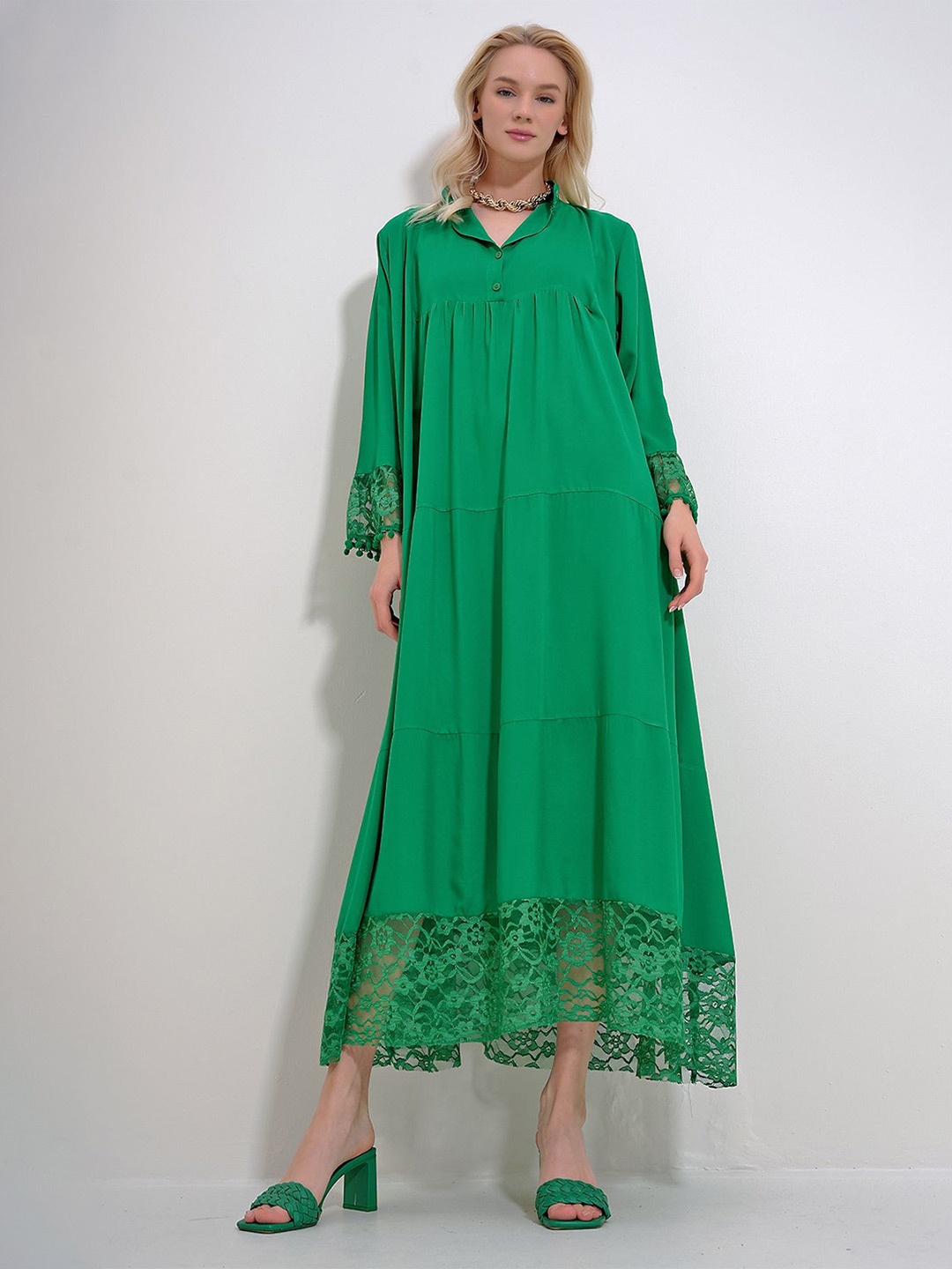 

Trend Alacati stili Shirt Collar Maxi Dress, Green