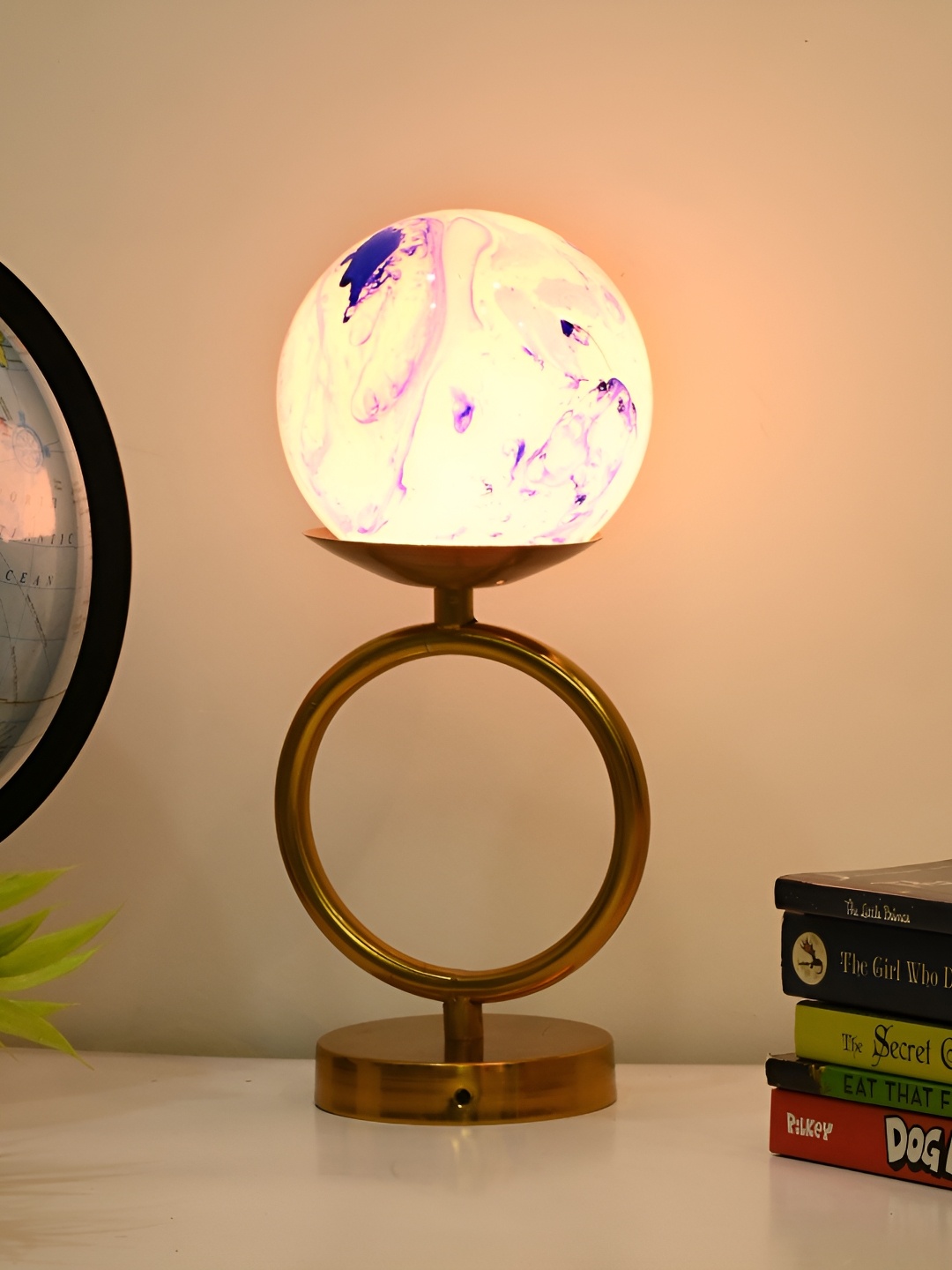 

Afast White & Blue Printed Traditional Spherical Glass Table Lamp With Adjustable Cord