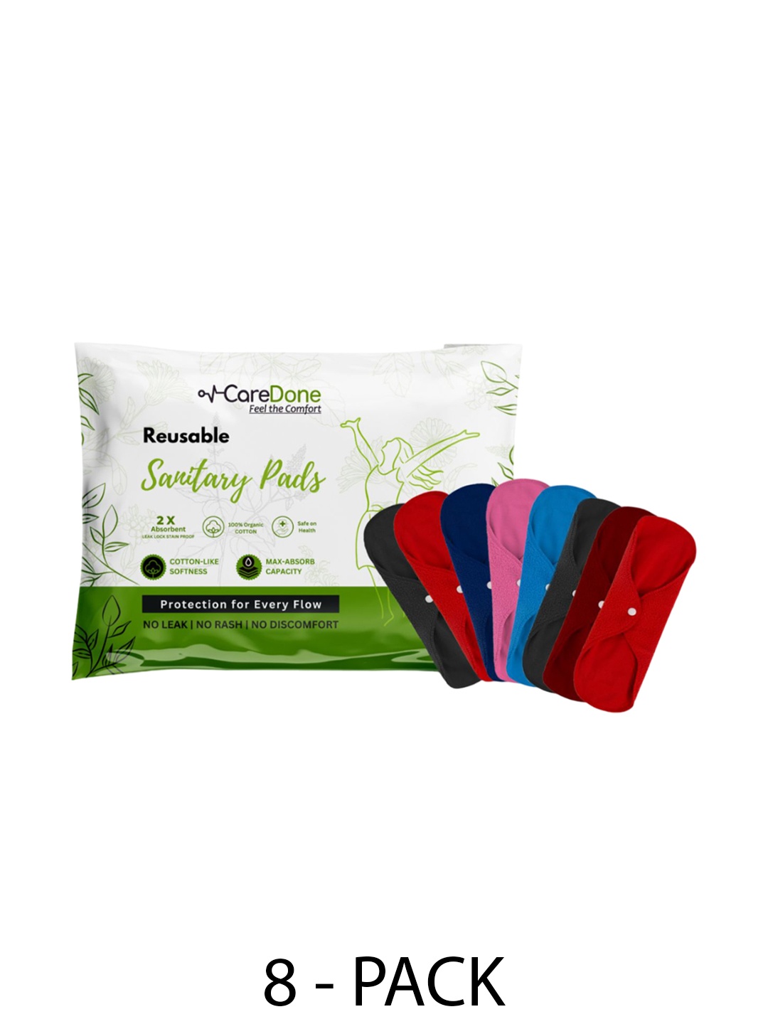 

CareDone Set Of 8 Reusable 100% Organic Cotton Sanitary Cloth Pads - XL, Red