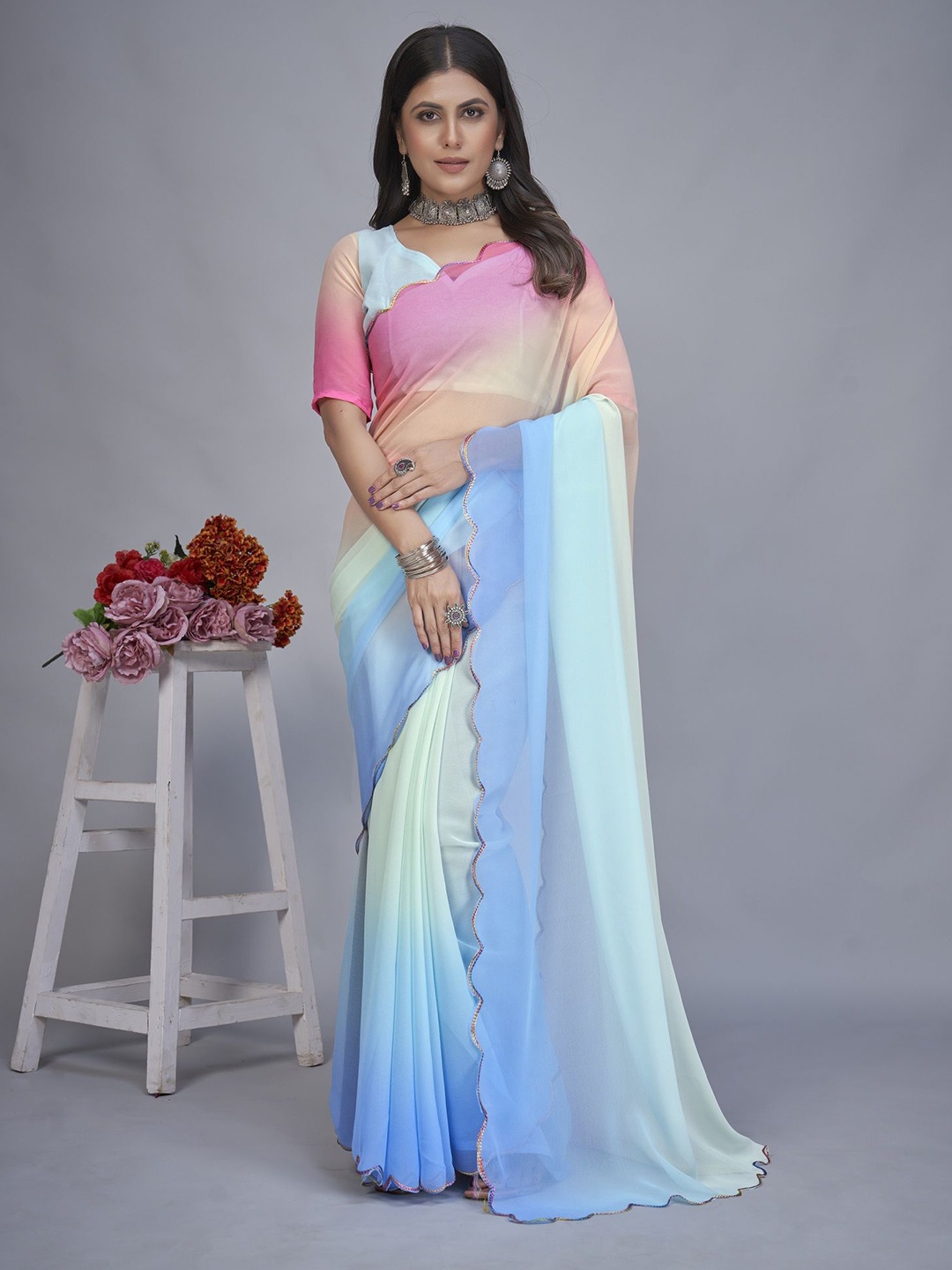 

Aika Ombre Pure Georgette Saree, Turquoise blue