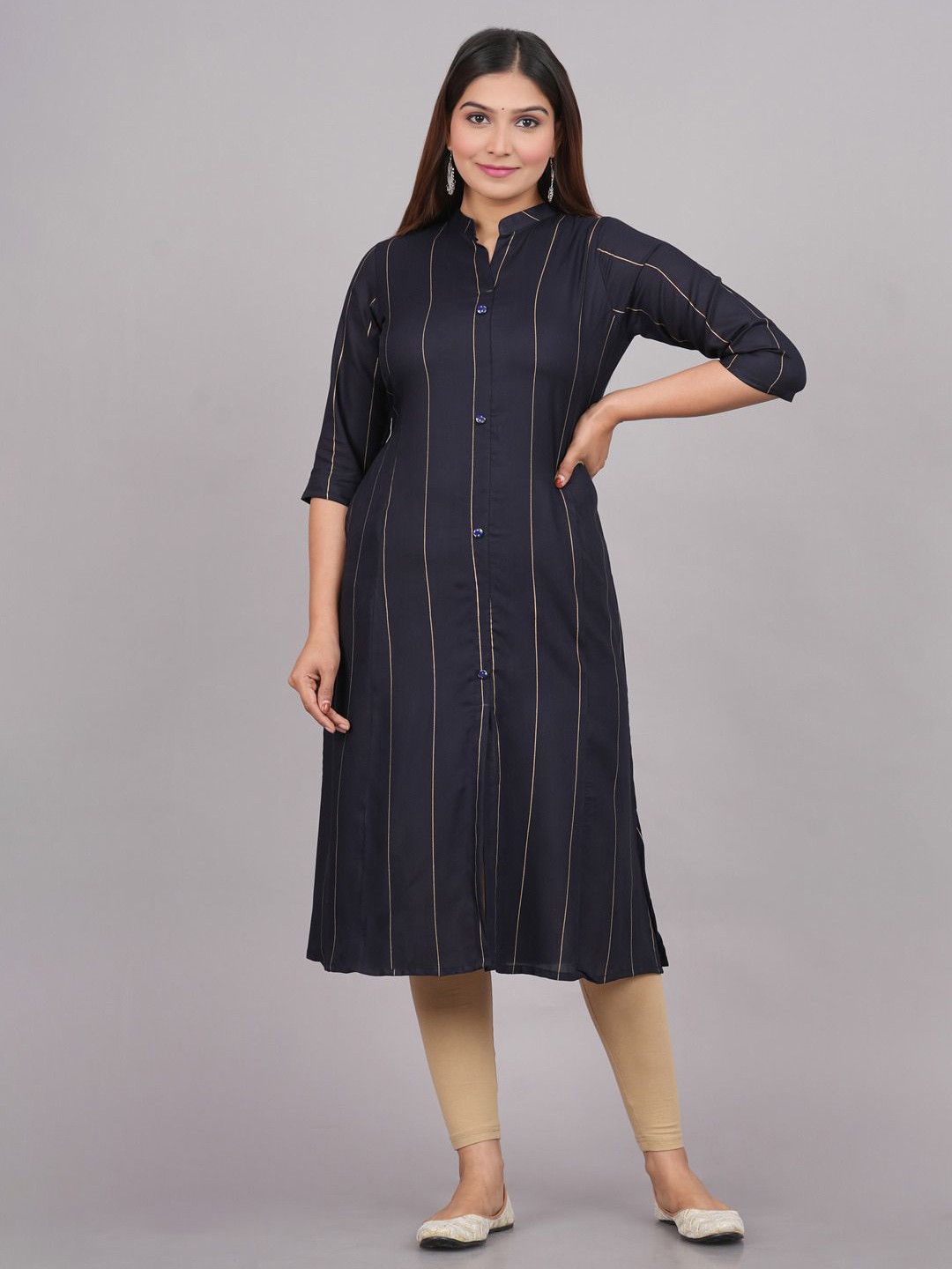 

P3D CREATION Straped Mandarin Collar Straight Kurta, Black