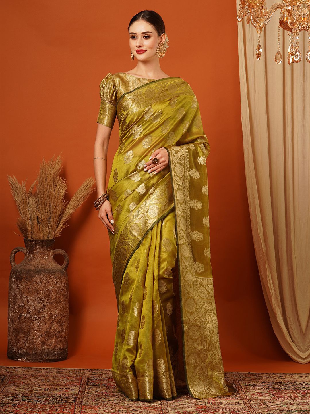 

KALINI Woven Design Pure Silk Kanjeevaram Saree, Yellow