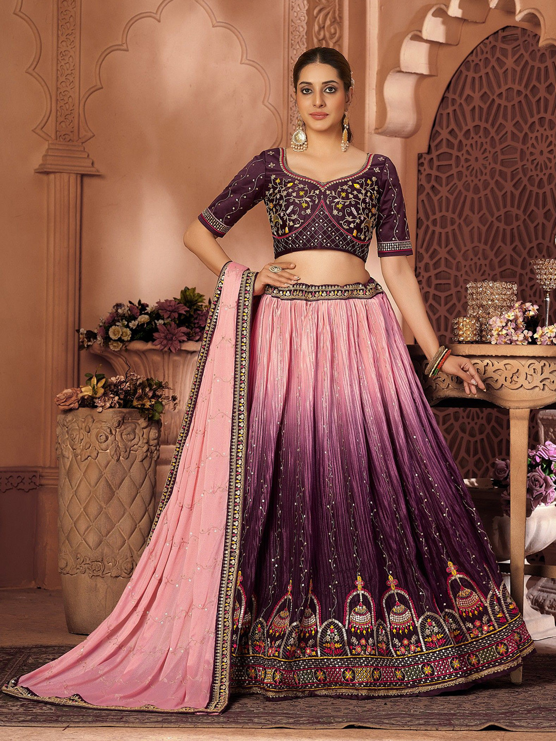 

VARNI FABRICS Embroidered Semi-Stitched Lehenga & Unstitched Blouse With Dupatta, Purple