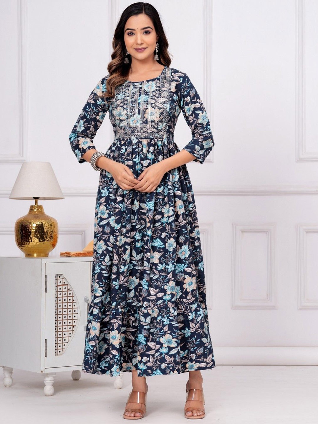 

OKD Empires Women Floral Embroidered Flared Sleeves Thread Work Dress, Blue
