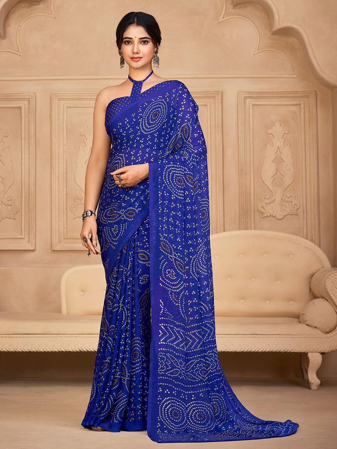

KALINI Bandhani Poly Chiffon Saree, Blue