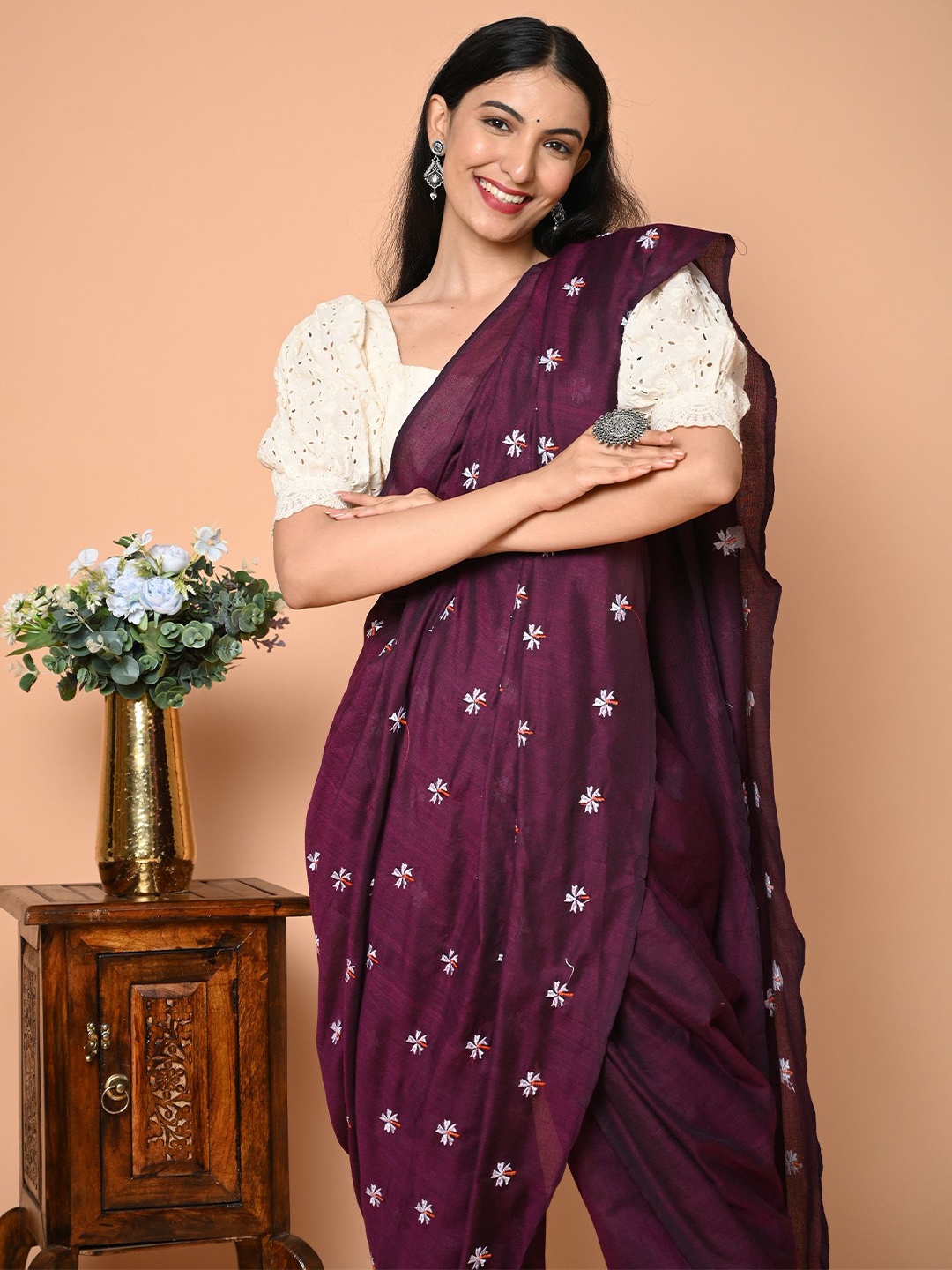 

BEATITUDE Floral Embroidered Pure Cotton Dhoti Saree, Magenta