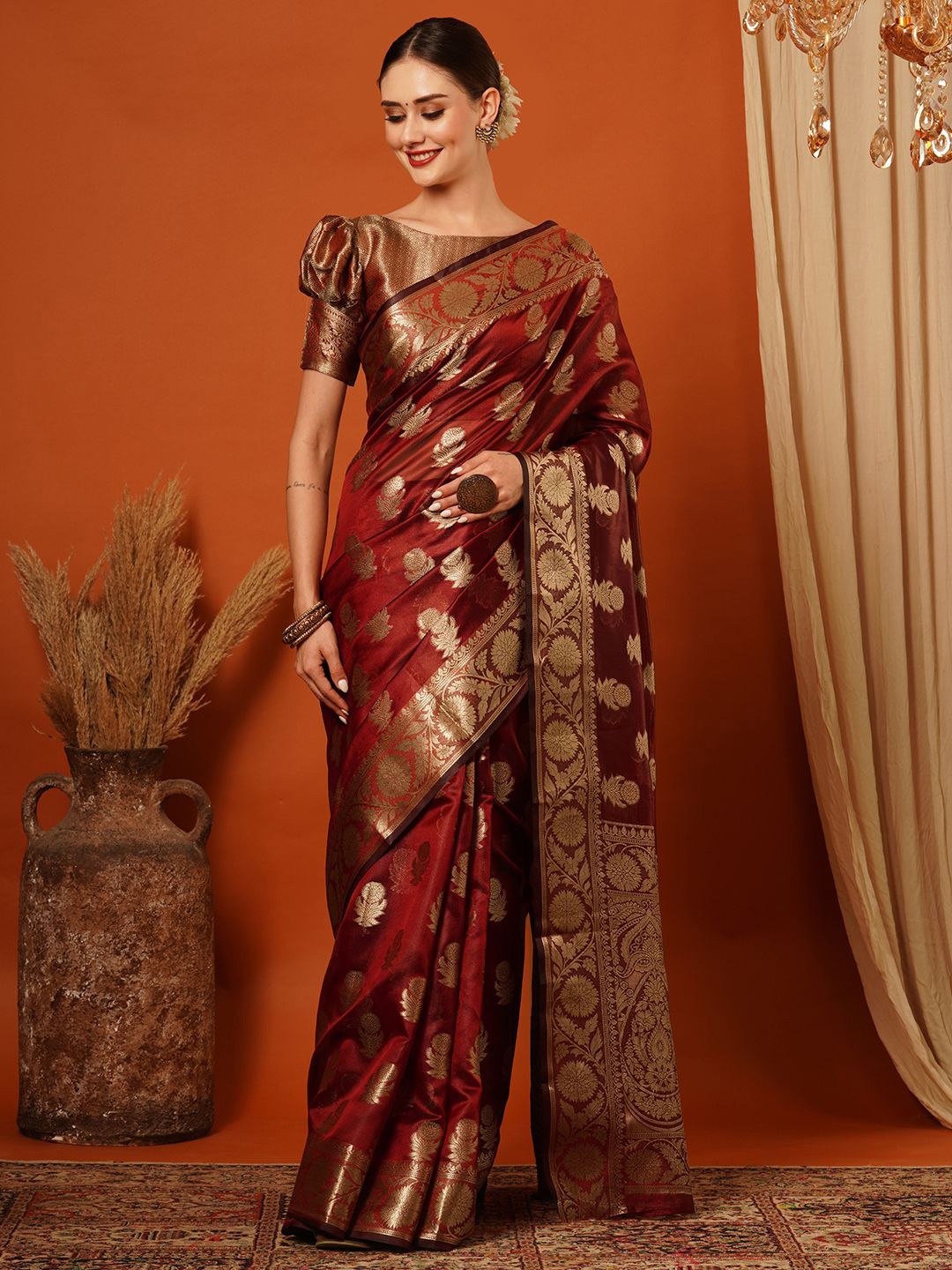 

KALINI Ethnic Motifs Zari Pure Silk Kanjeevaram Saree, Maroon