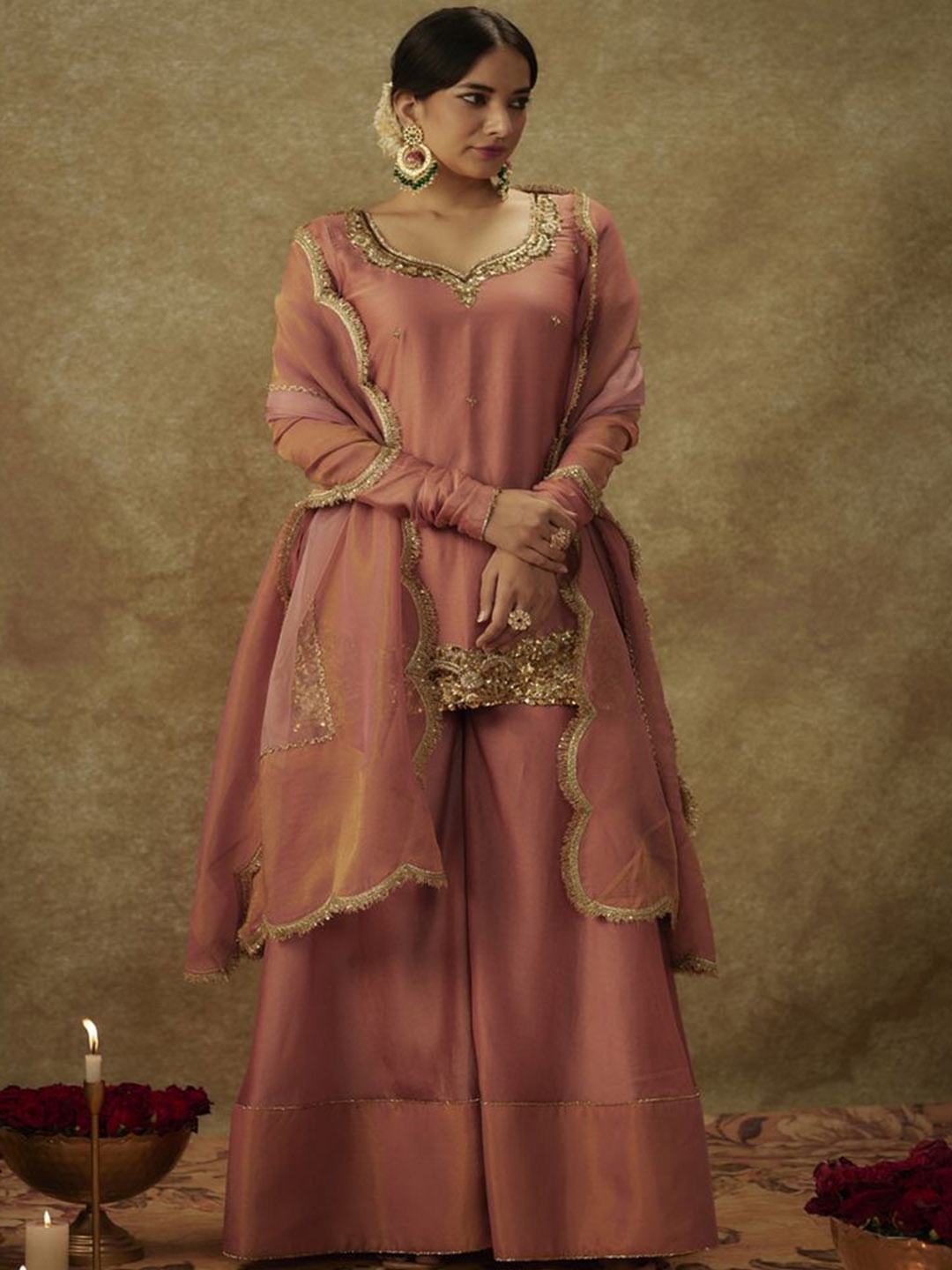 

The Aarya Ethnic Motifs Embroidered Sequinned Chanderi Silk Kurti With Palazzos & Dupatta, Pink