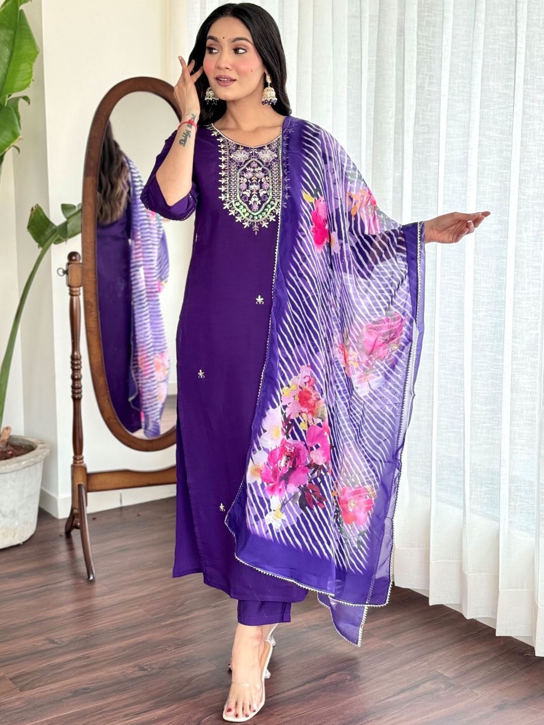 

KALINI Floral Embroidered Straight Kurta With Trouser & Dupatta, Blue