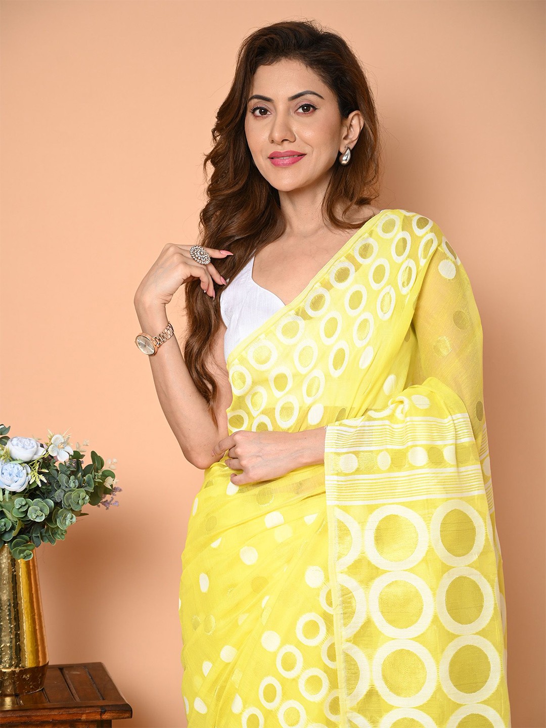 

BEATITUDE Woven Design Pure Cotton Saree, Yellow
