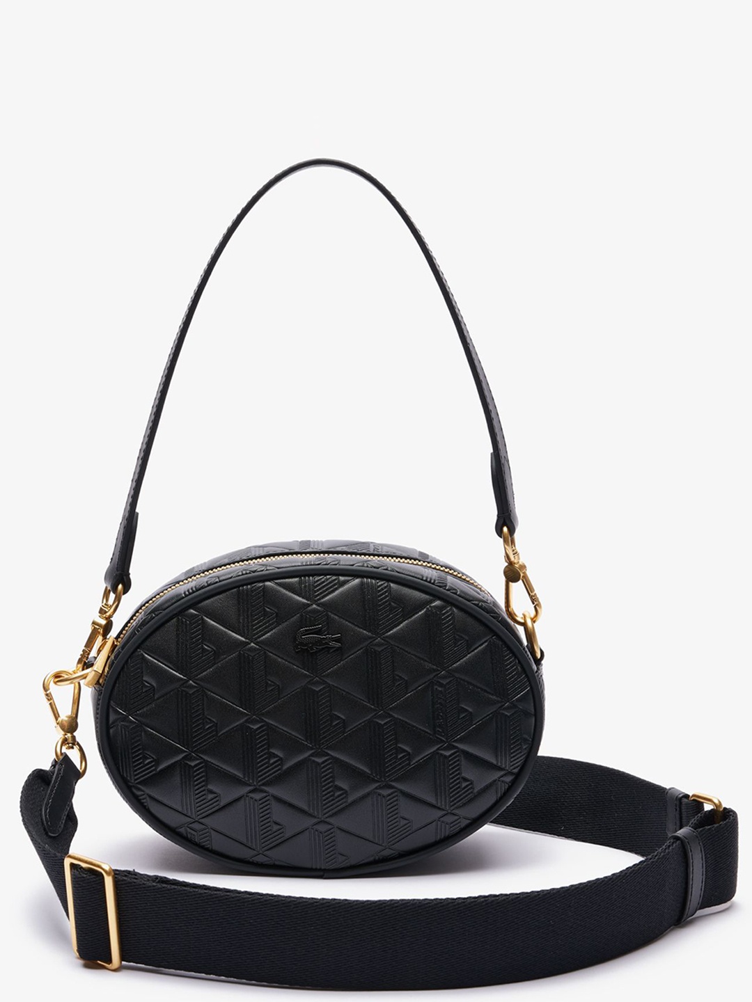 

Lacoste Textured Leather Bowling Sling Bag with Quilted, Black