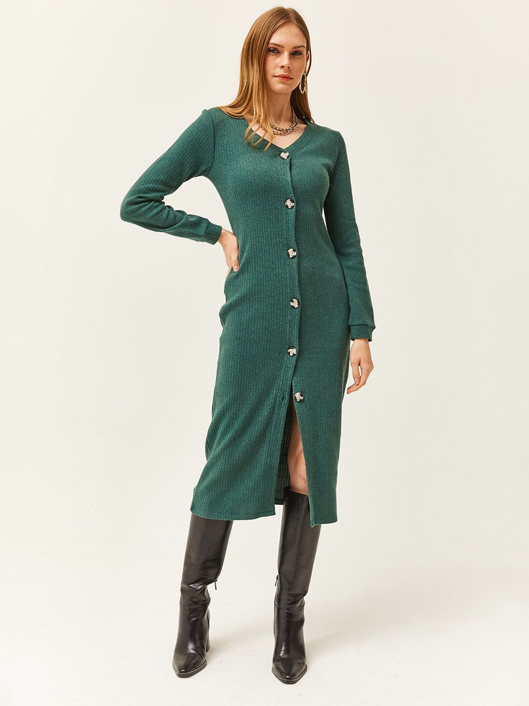 

Olalook Button Detail Long Sleeve Midi Dress, Green