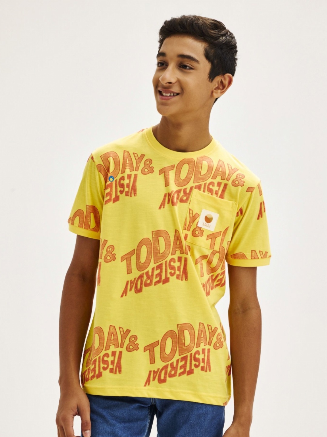 

NO MONDAYS Boys Typography Printed Pure Cotton Pockets T-shirt, Yellow