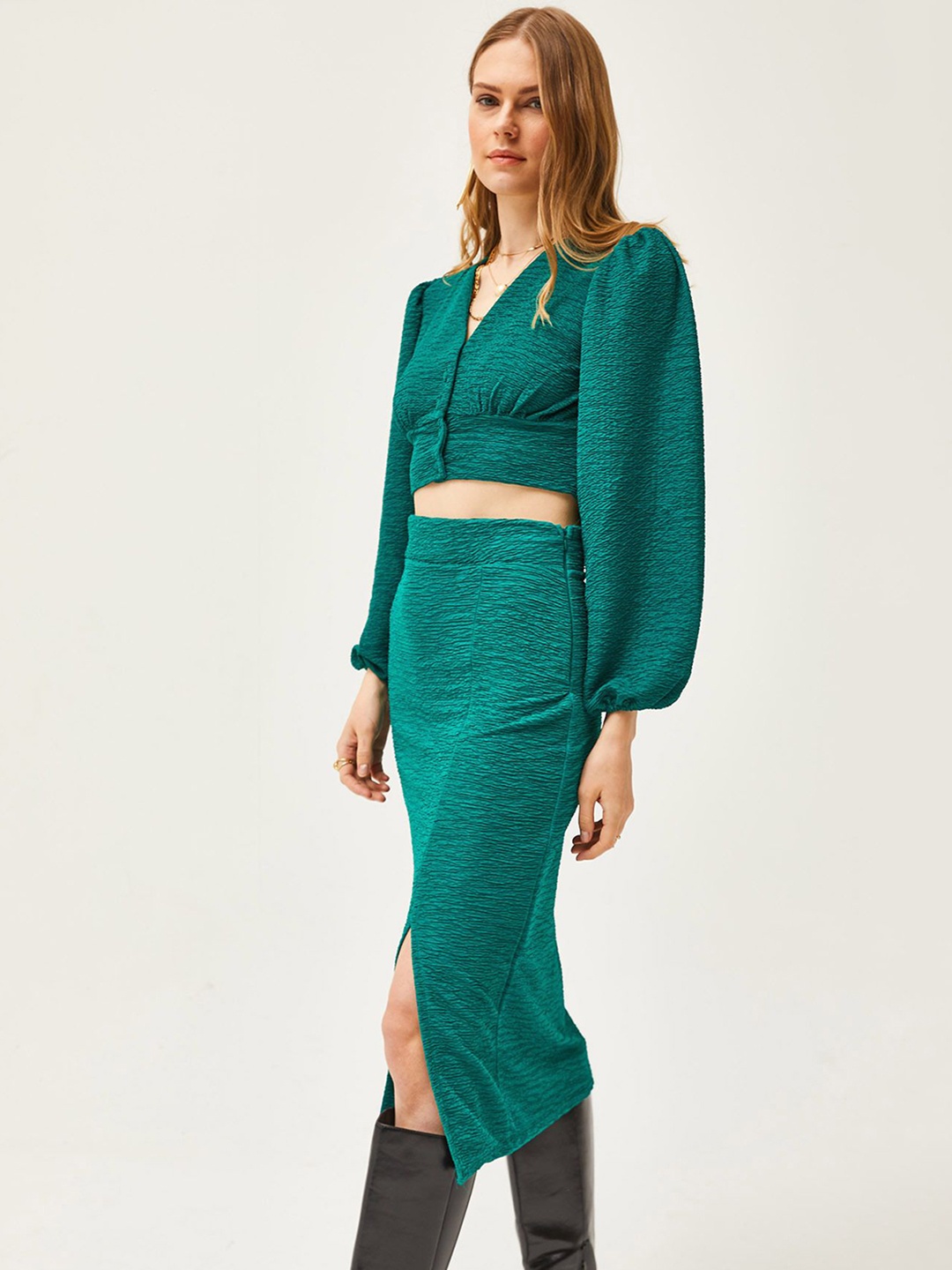 

Olalook Self Design Top With Skirt, Green