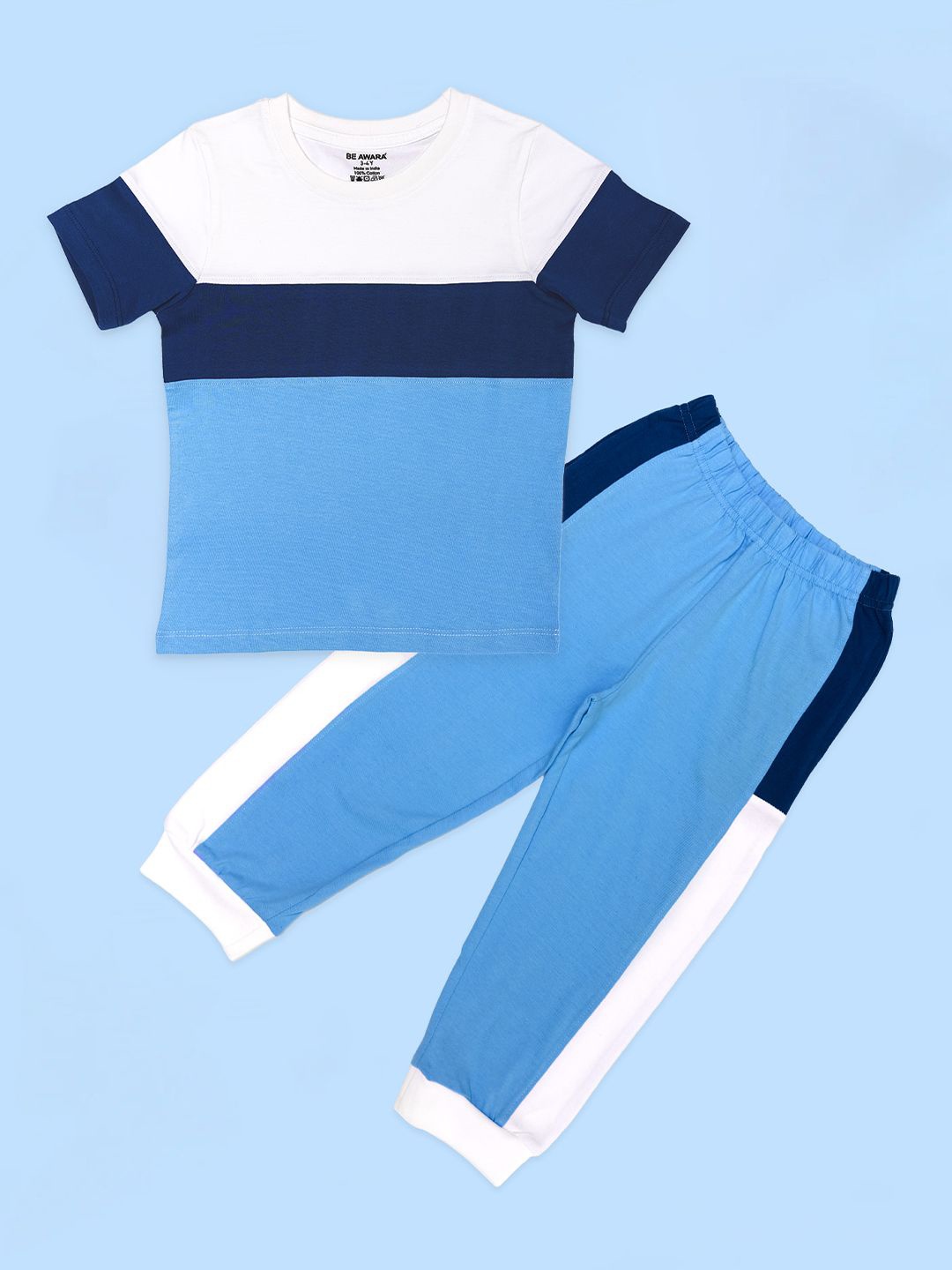

BE AWARA Boys Colourblocked Pure Cotton T-shirt With Joggers, Blue