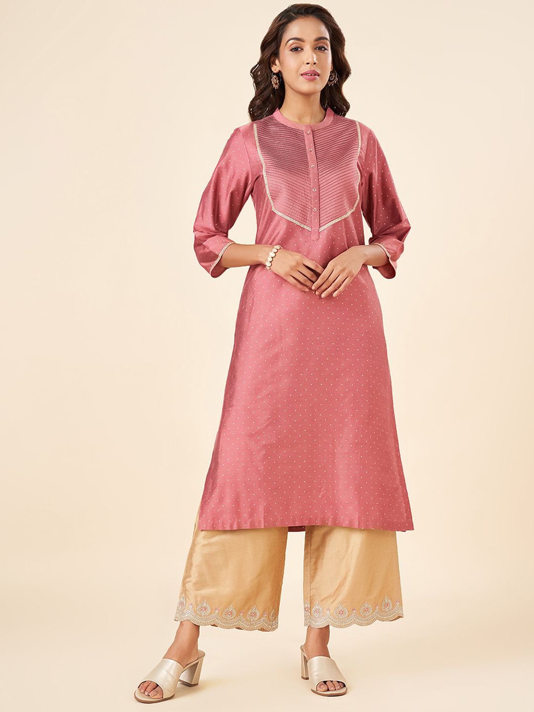 

RANGMANCH BY PANTALOONS Polka Dots Printed Sequinned Straight Kurta, Pink