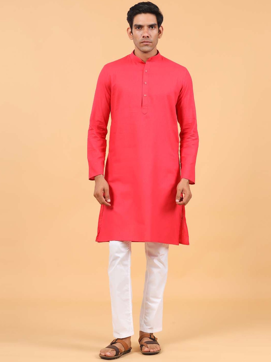 

Tistabene Mandarin Collar Long Sleeves Linen Straight Kurta, Pink