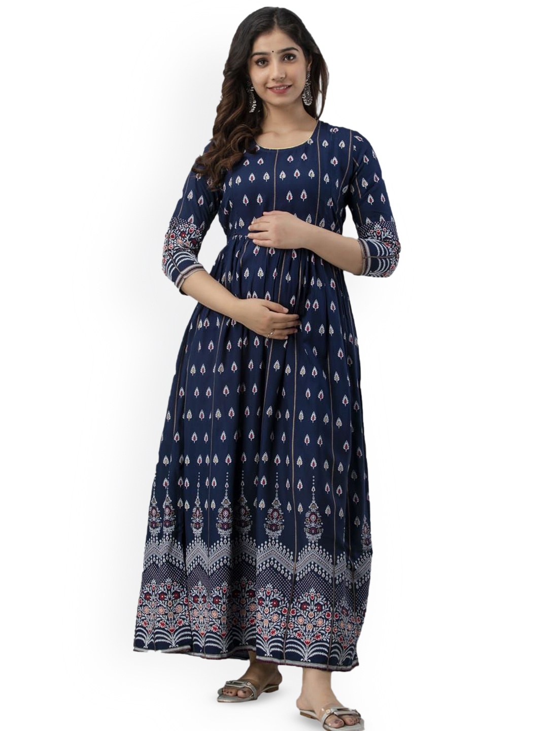 

Charnest Ethnic Motifs Printed Round Neck Anarkali Maternity Kurta, Navy blue