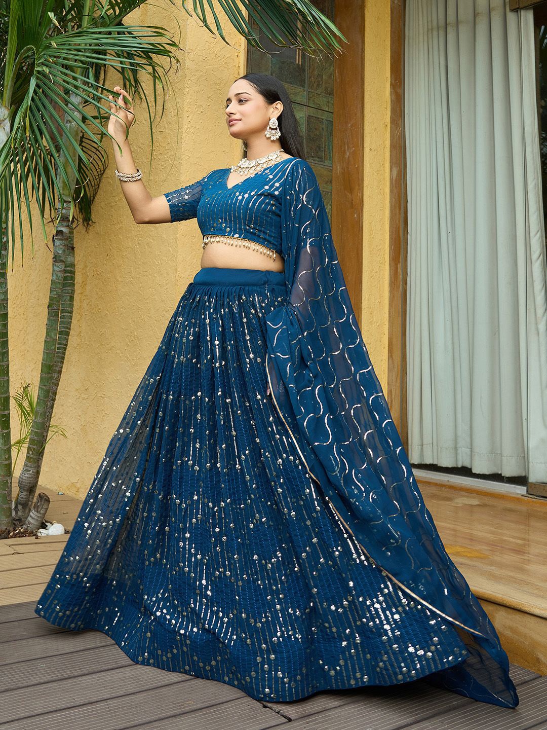 

Warthy Ent Embroidered Sequinned Semi-Stitched Lehenga & Unstitched Blouse With Dupatta, Teal