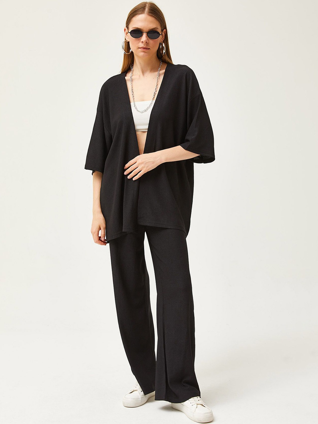 

Olalook Open Front Shrug With Trousers, Black