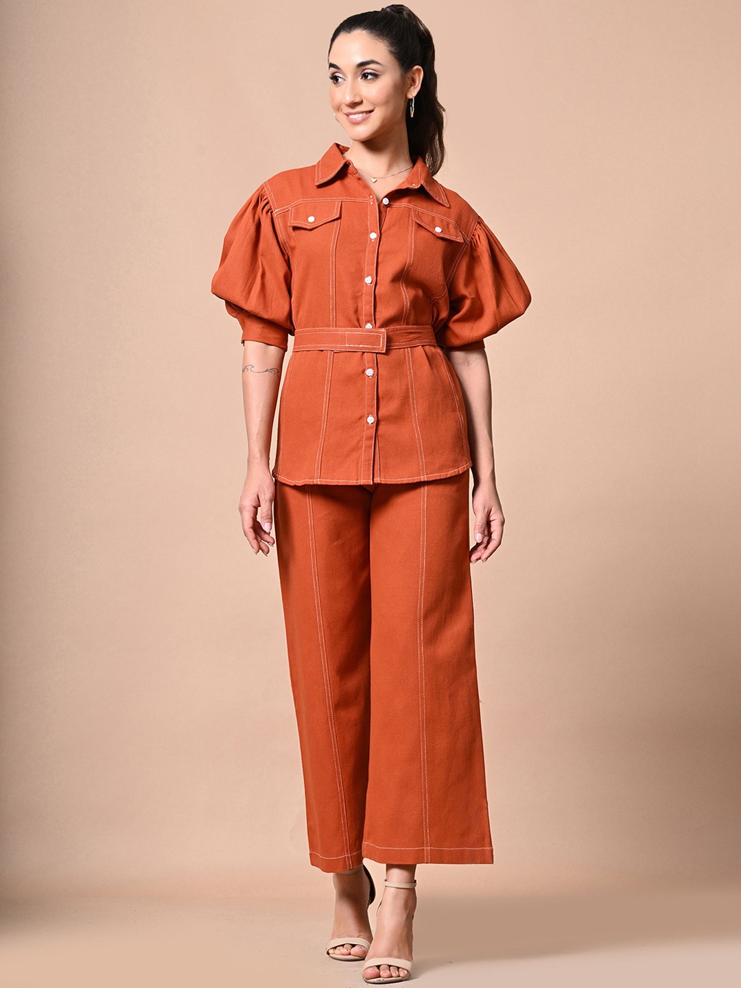 

PANKH Pure Cotton Shirt With Trousers Co-Ords, Brown