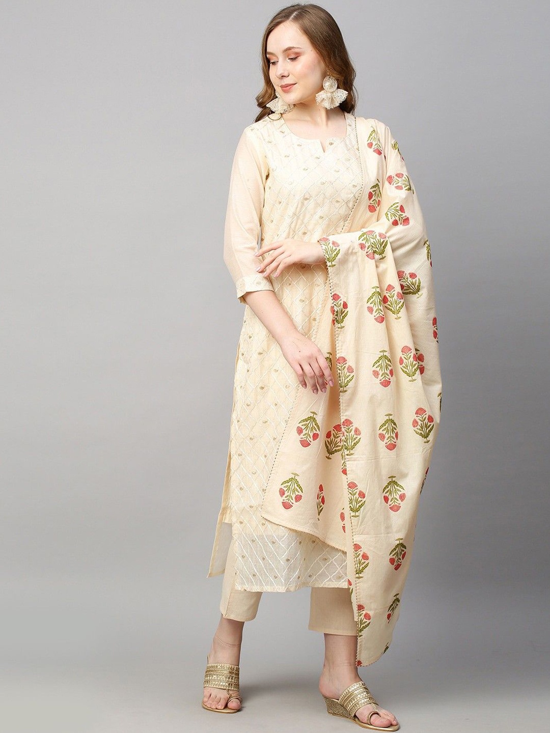 

GoSriKi Women Embroidered Regular Thread Work Kurta with Trousers & With Dupatta, Cream