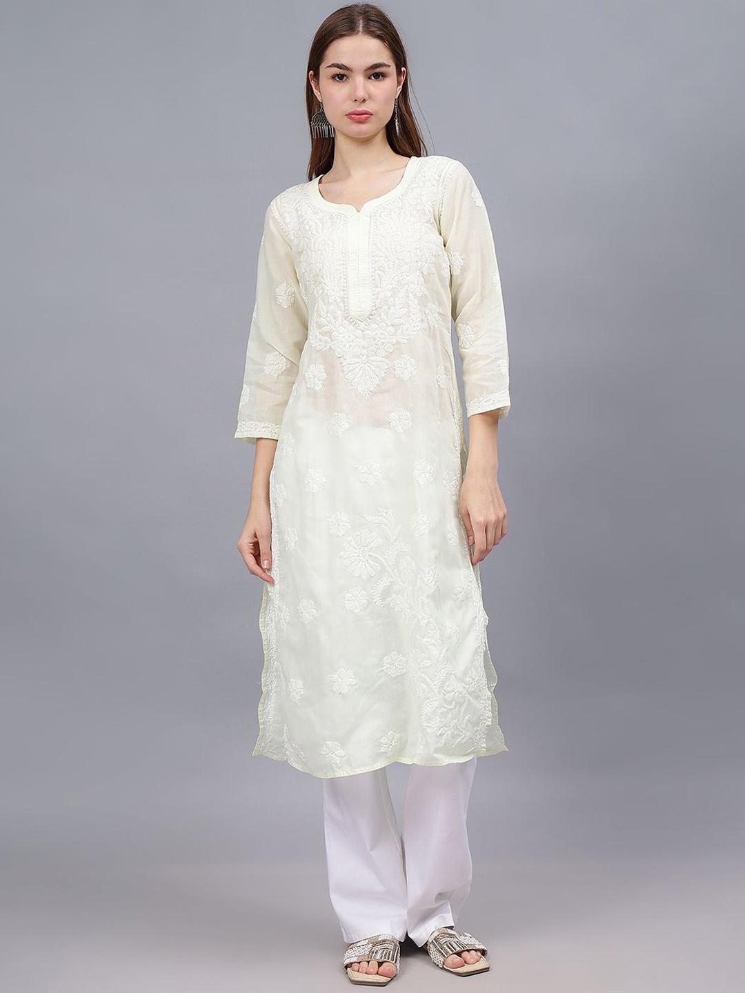 

Seva Chikan Floral Embroidered V-Neck Lucknowi Chikankari Cotton Straight Kurta, Yellow