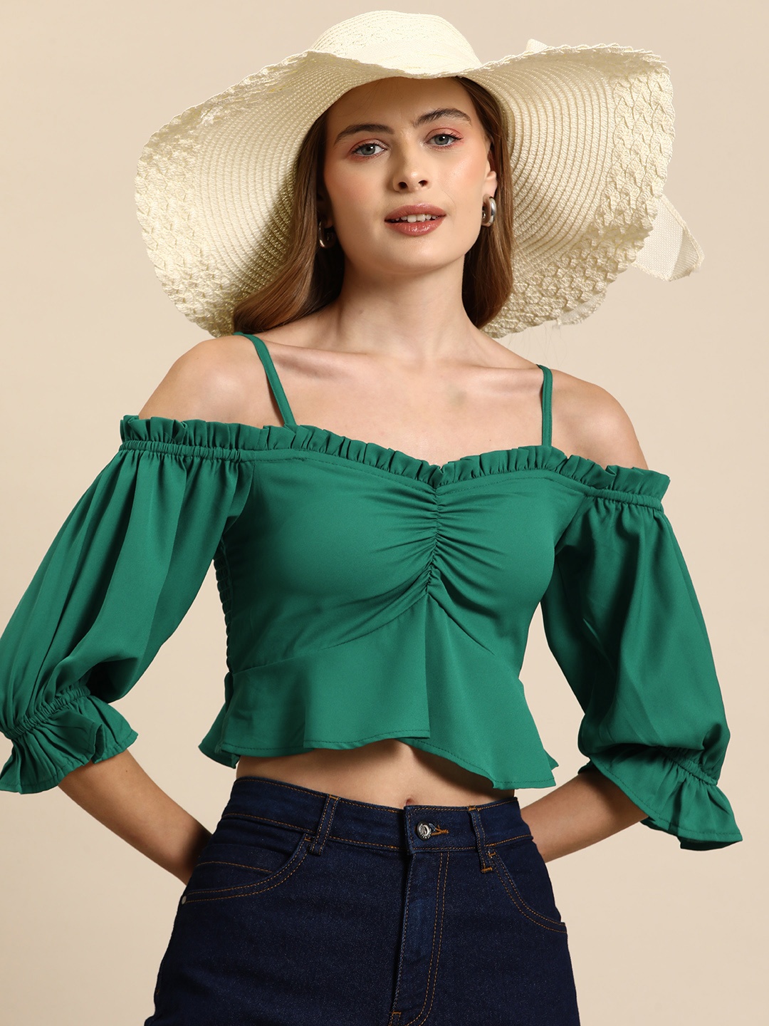 

Mast & Harbour Off-Shoulder Puff Sleeves Bardot Crop Top, Green