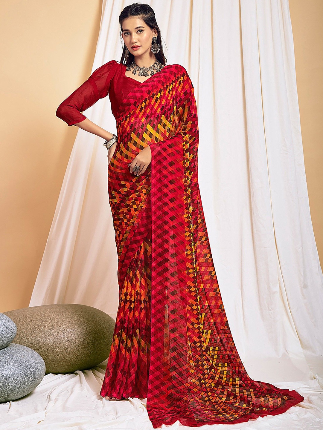 

KALINI Poly Chiffon Saree, Red