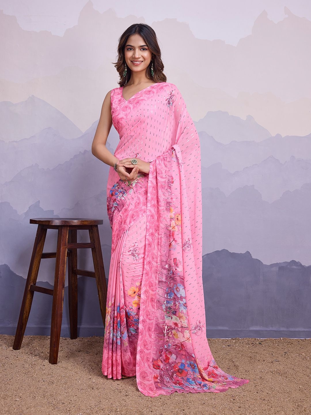 

all about you Floral Poly Chiffon Banarasi Saree, Pink