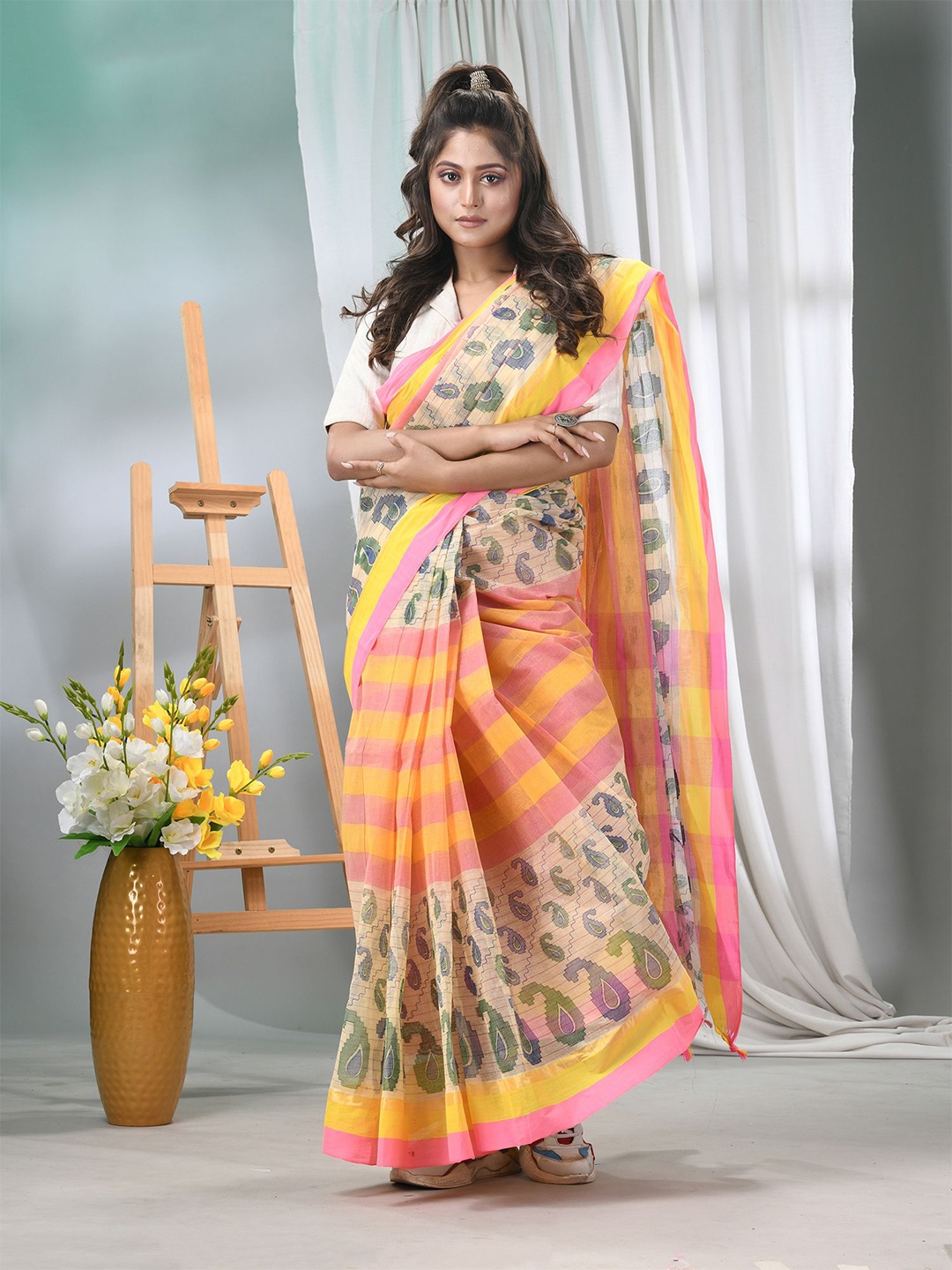 

TANTLOOM Ethnic Motifs Pure Cotton Taant Saree, Pink