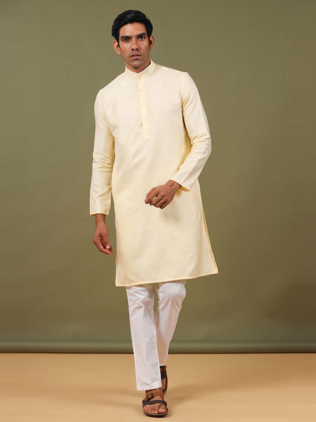 

Tistabene Woven Design Mandarin Collar Straight Kurta, Off white