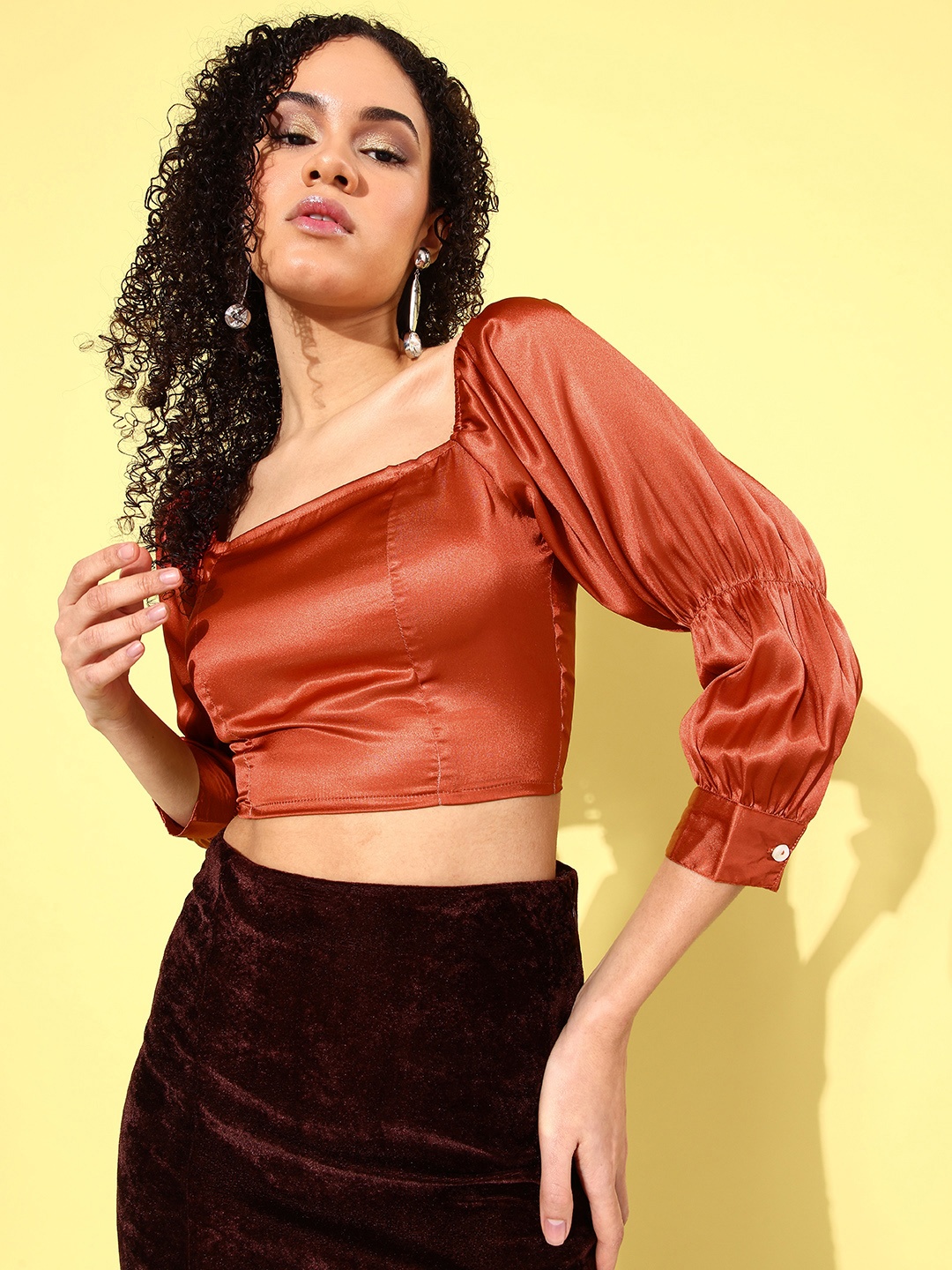 

Mast & Harbour Solid Smocked Crop Top, Rust