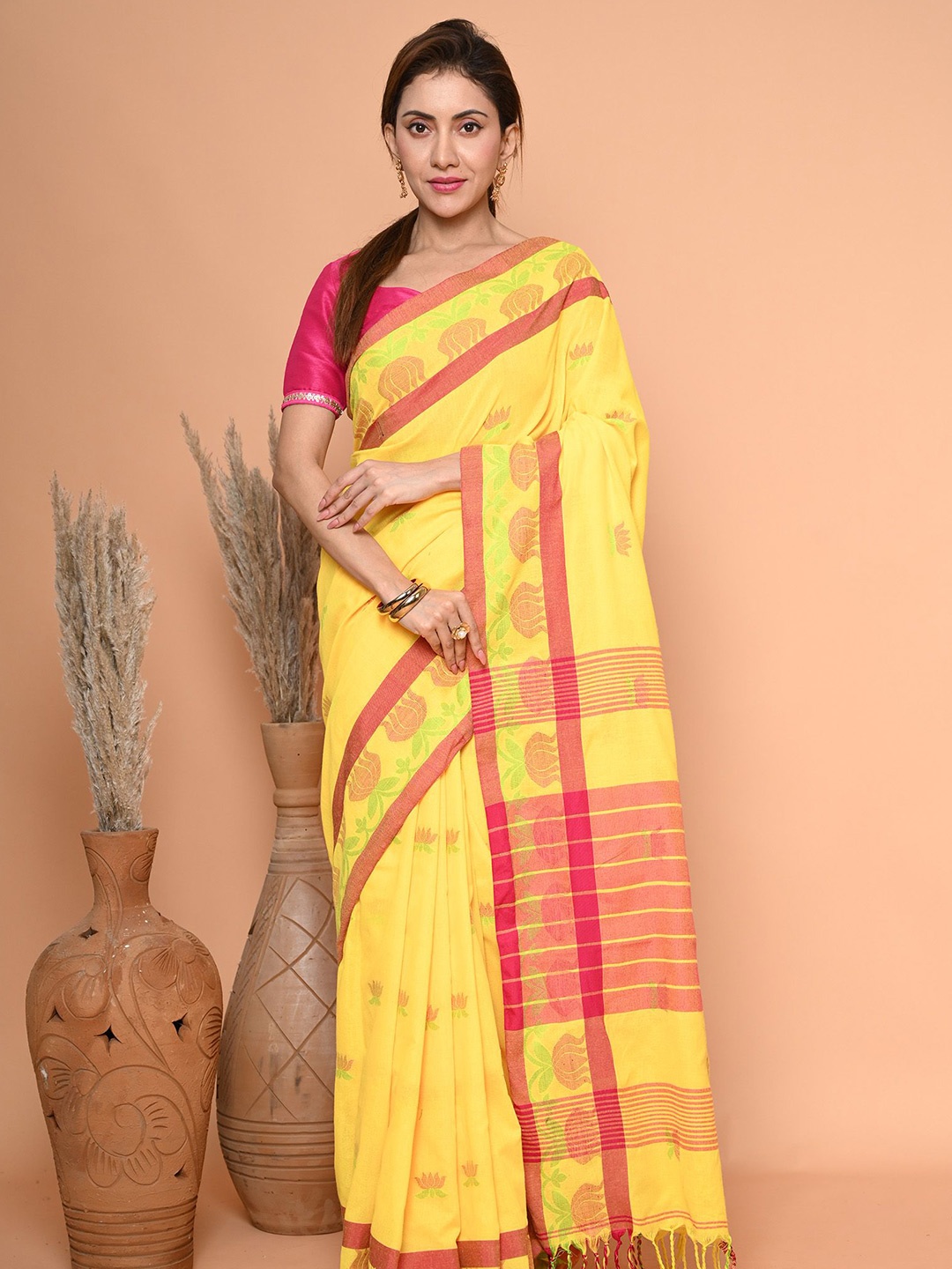 

BEATITUDE Woven Design Pure Cotton Saree, Yellow